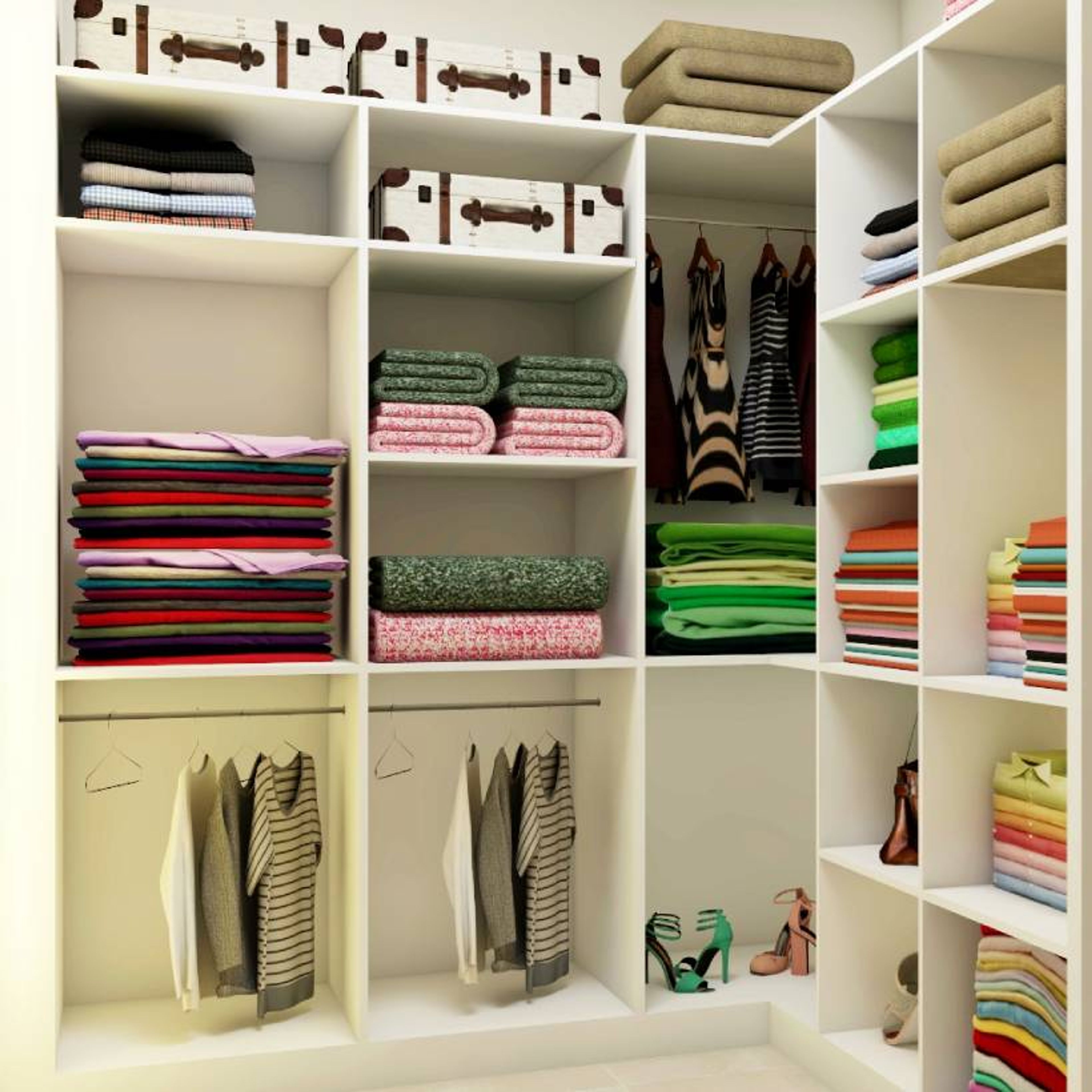 Walk-In Wardrobe With White Shelves