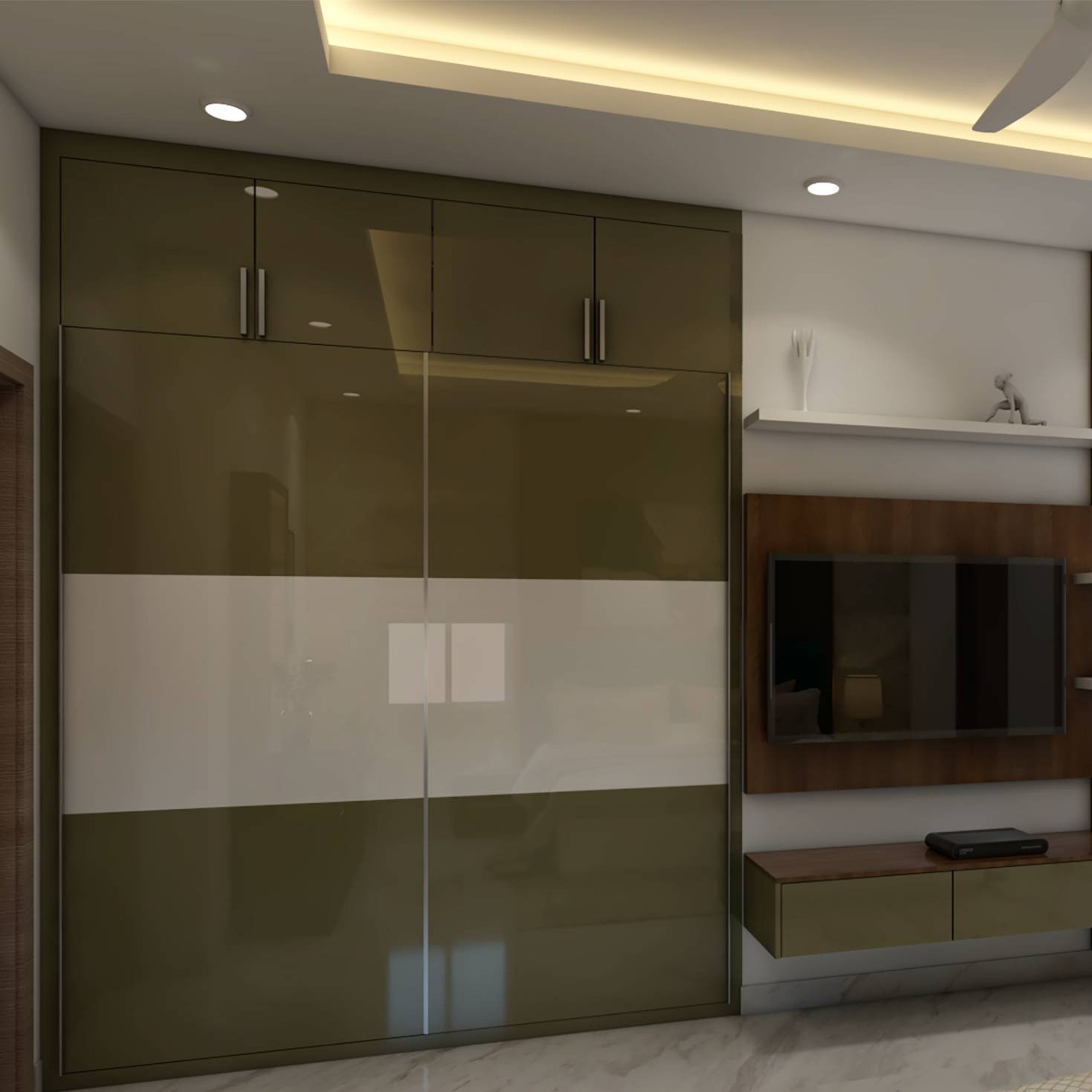 Modern Sliding Door Wardrobe Design With An Integrated TV Unit