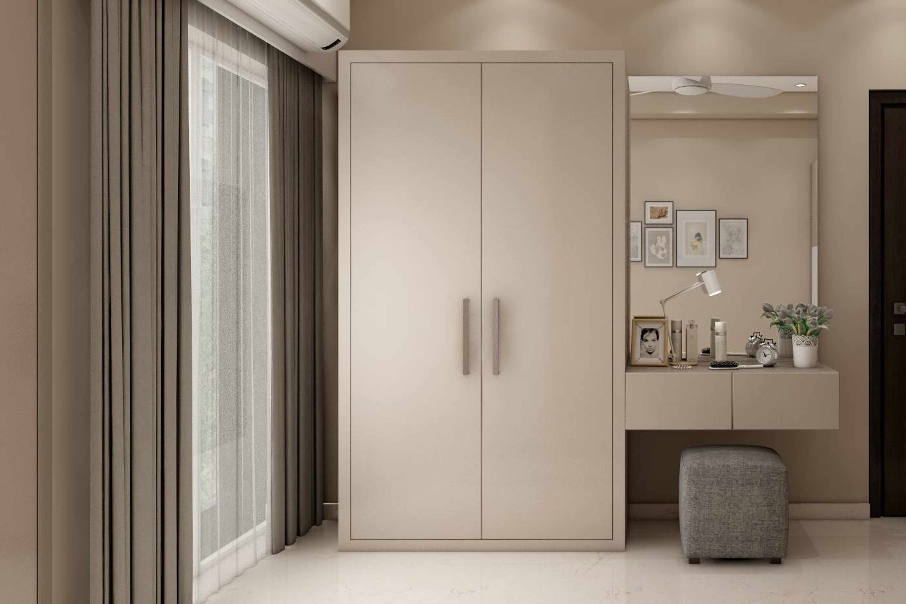 Modern 2-Door Wardrobe Design With A Wall-Mounted Mirror