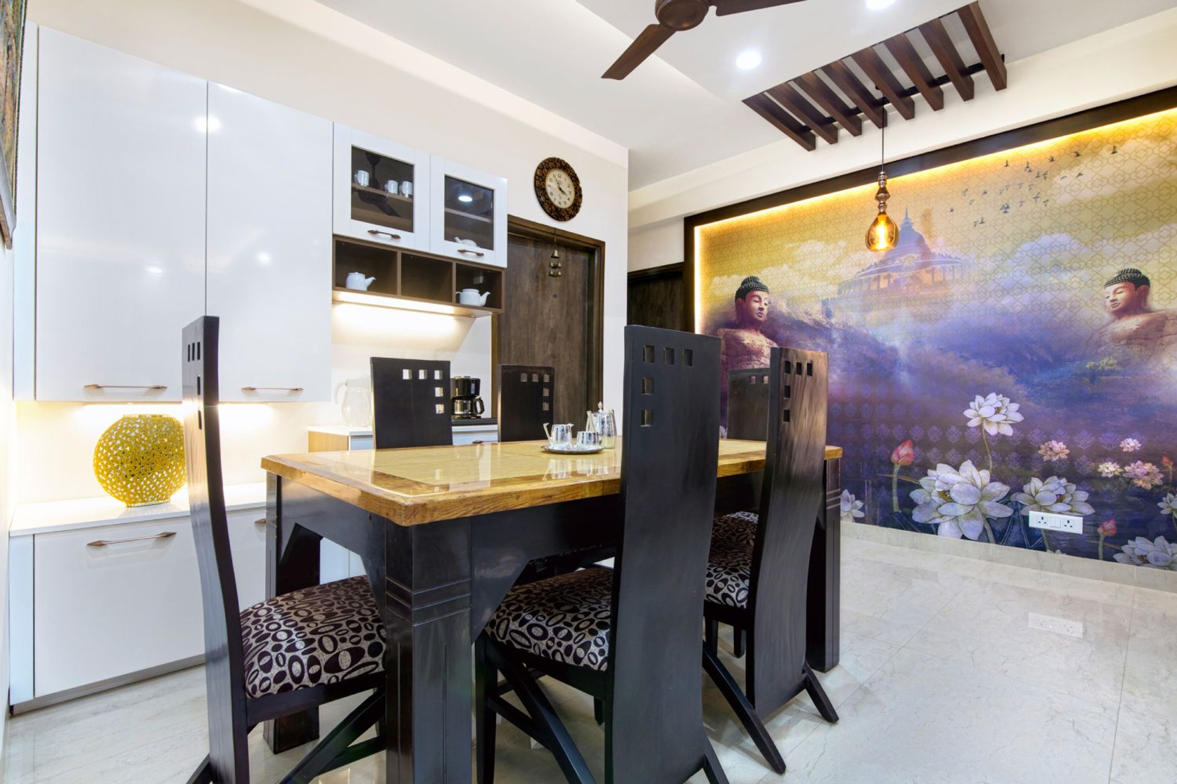6-Seater Dining Room Design with Buddha Themed Wallpaper