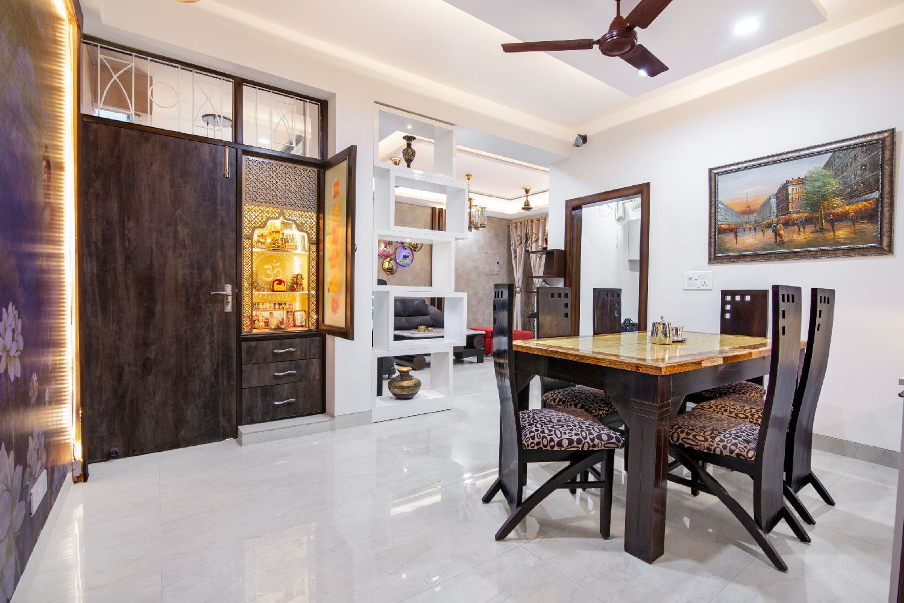 6-Seater Dining Room Design with Closed Pooja Unit