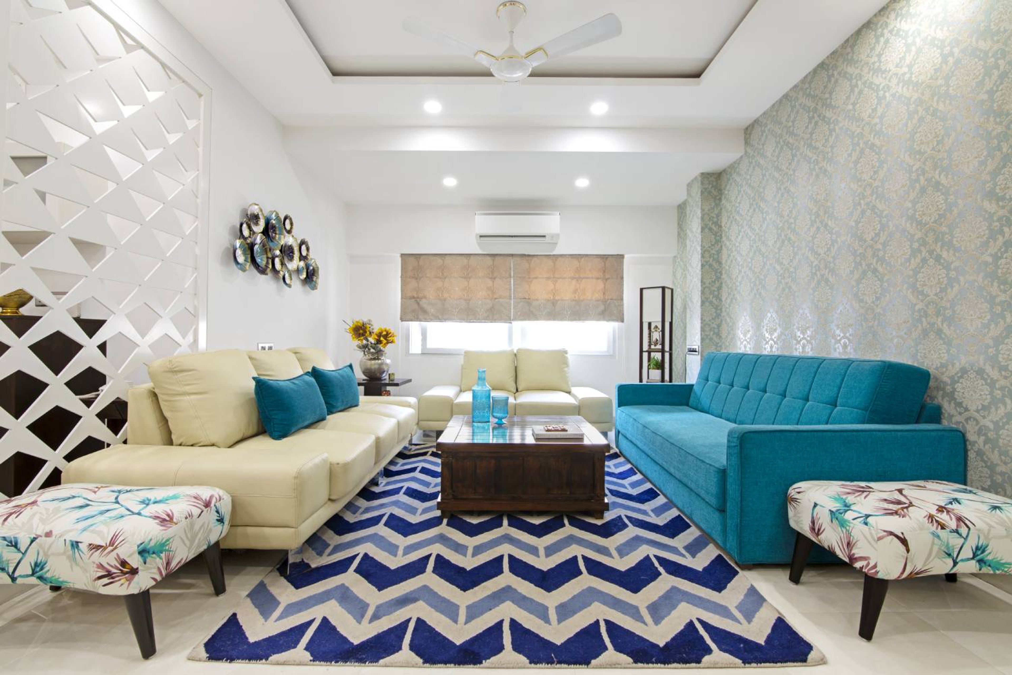 Living Room Design with Blue and Beige Sofas