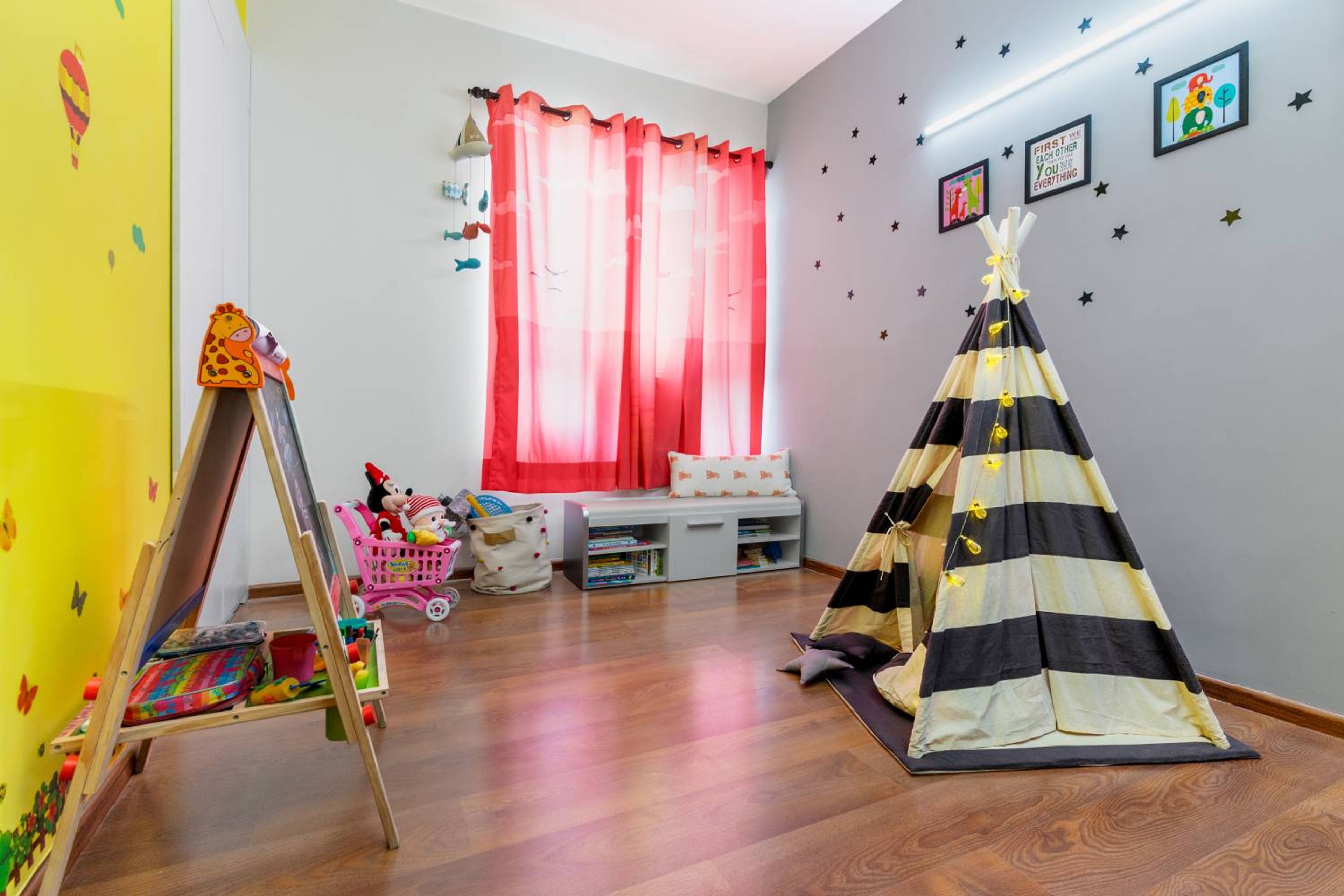 Kids Bedroom Design with Kids Tent and Yellow Wall