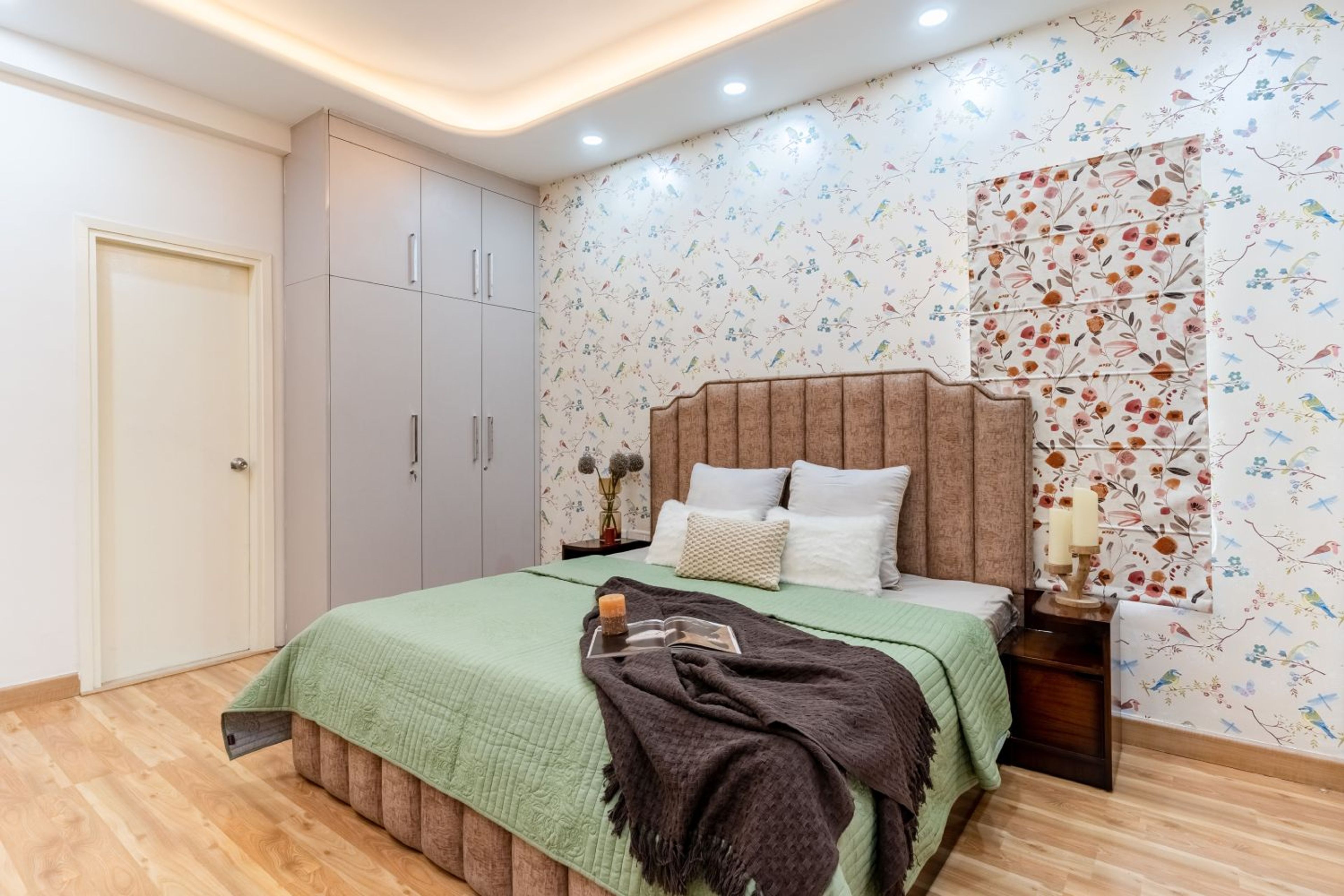 Master Bedroom Design with Bird Themed Wallpaper