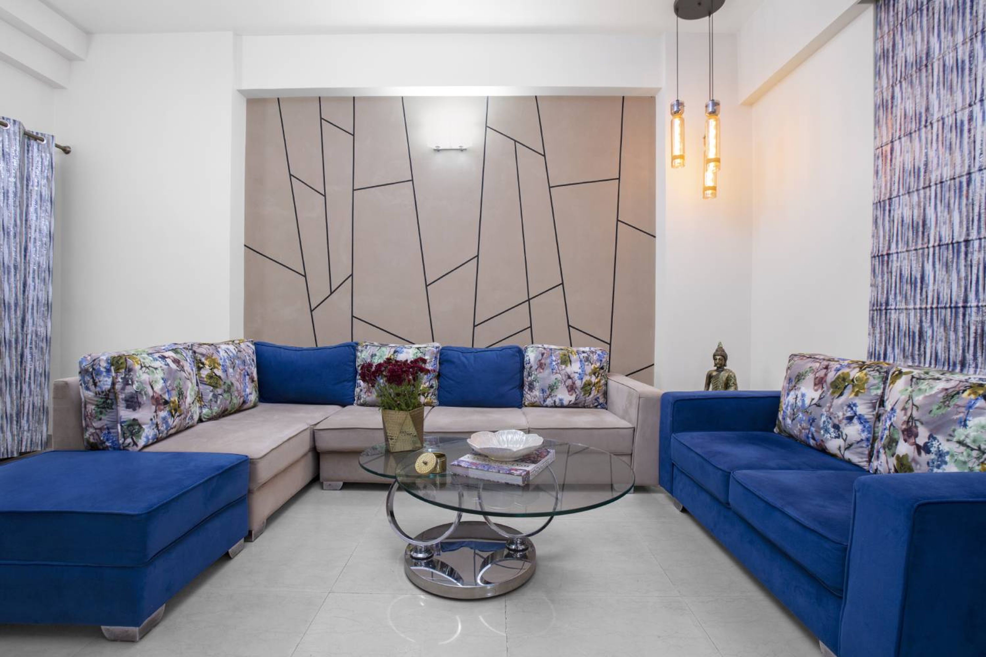 Living Room Design with Blue and Beige Sofas