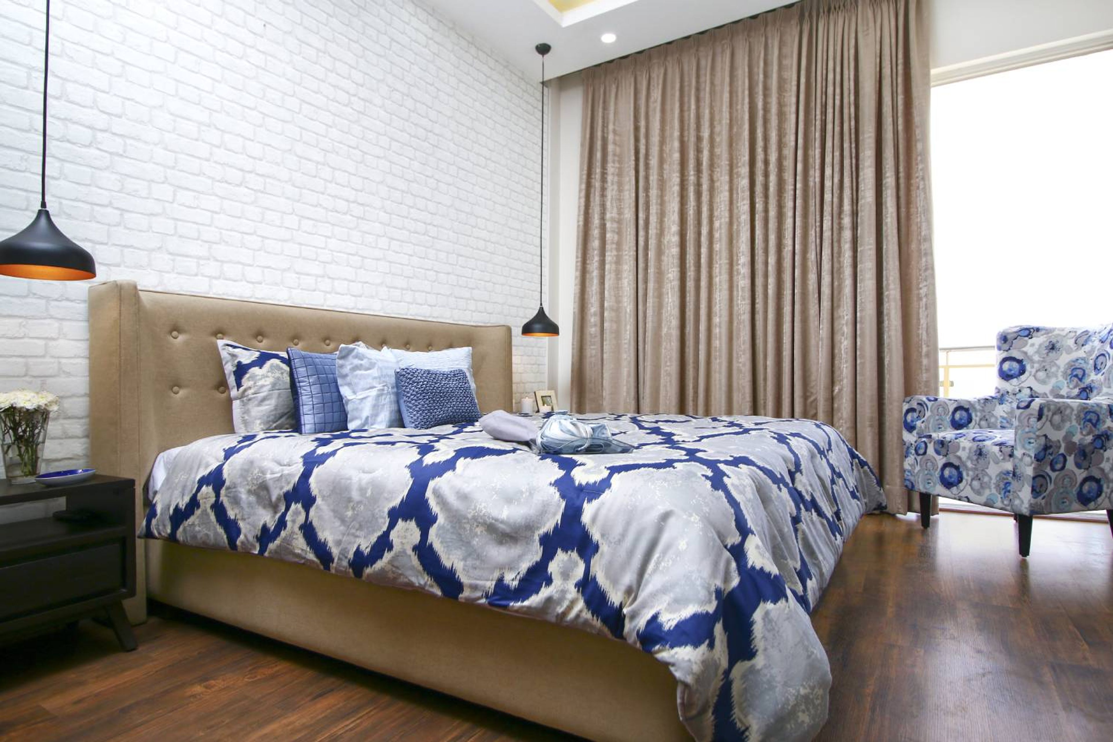 Master Bedroom Design with White Brick Pattern Wall
