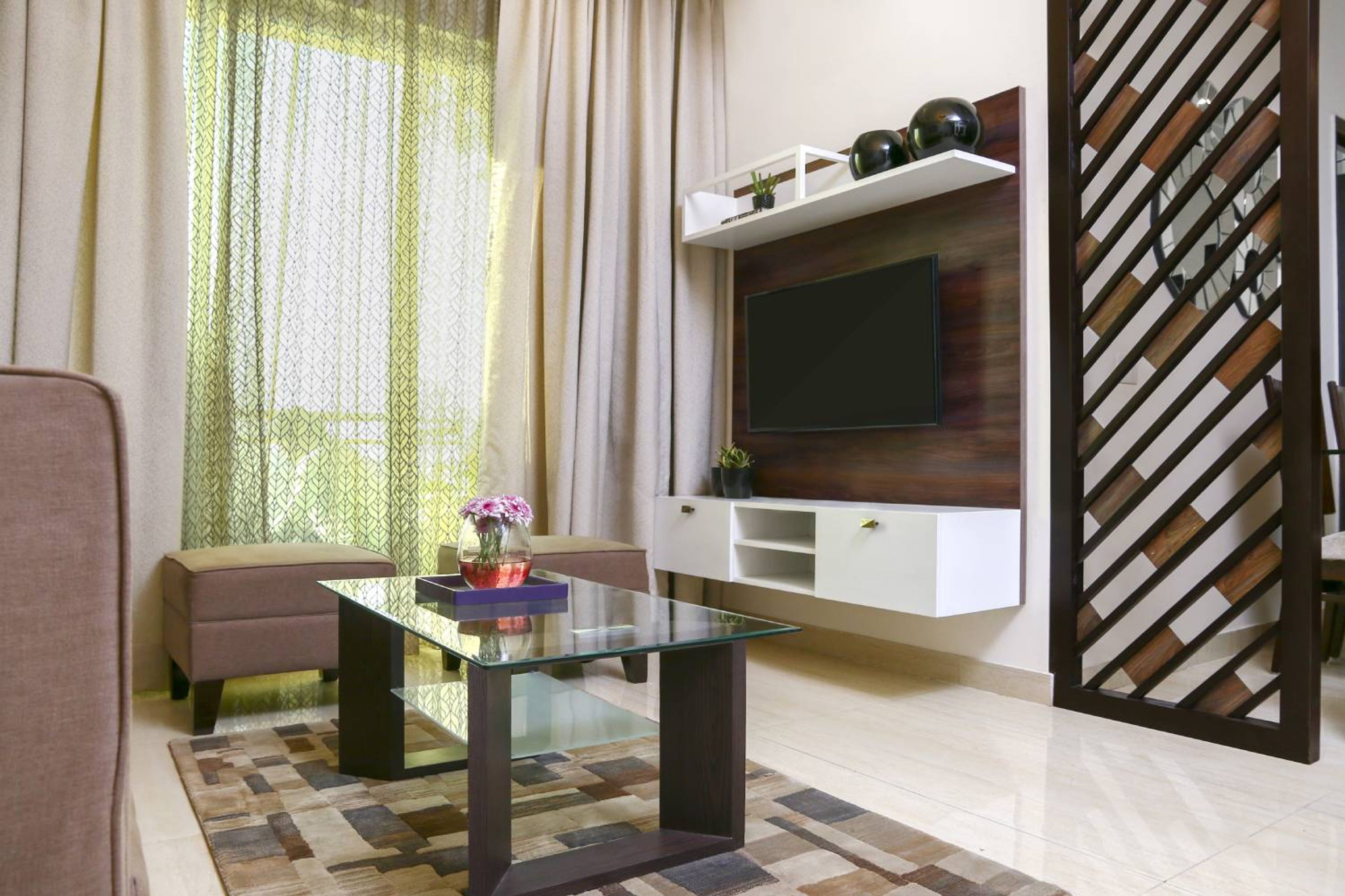 Living Room Design with Wooden TV Unit