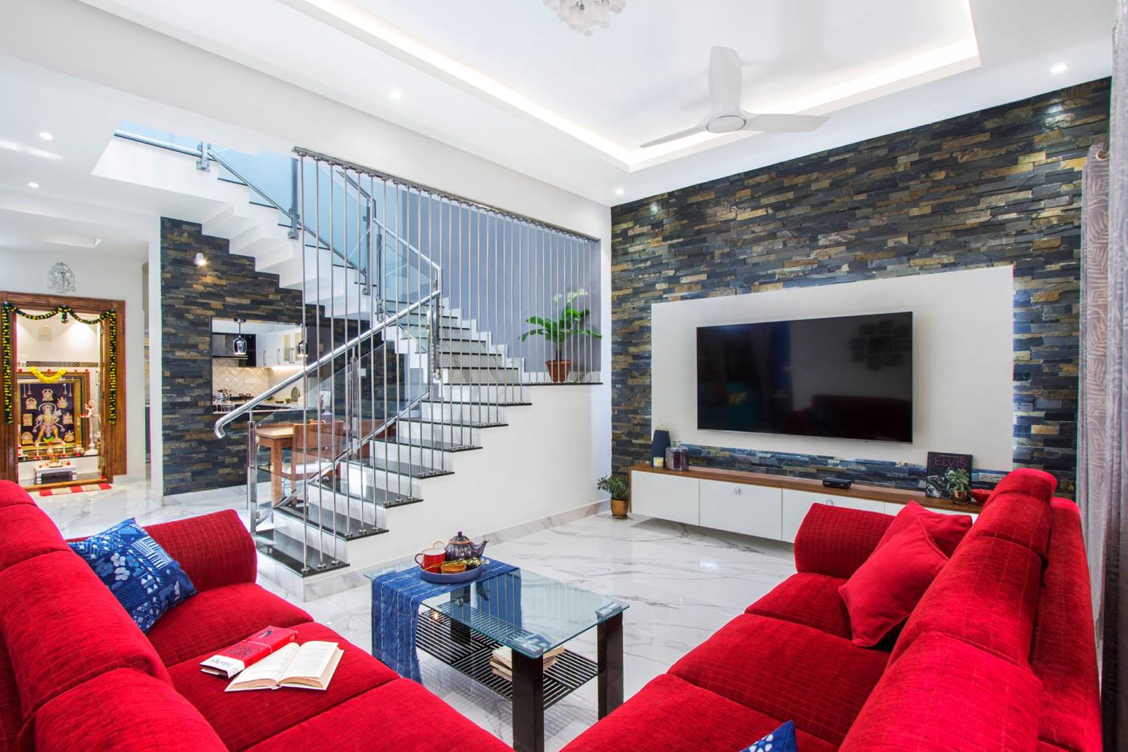 Living Room Design with Red Sofa and TV Unit