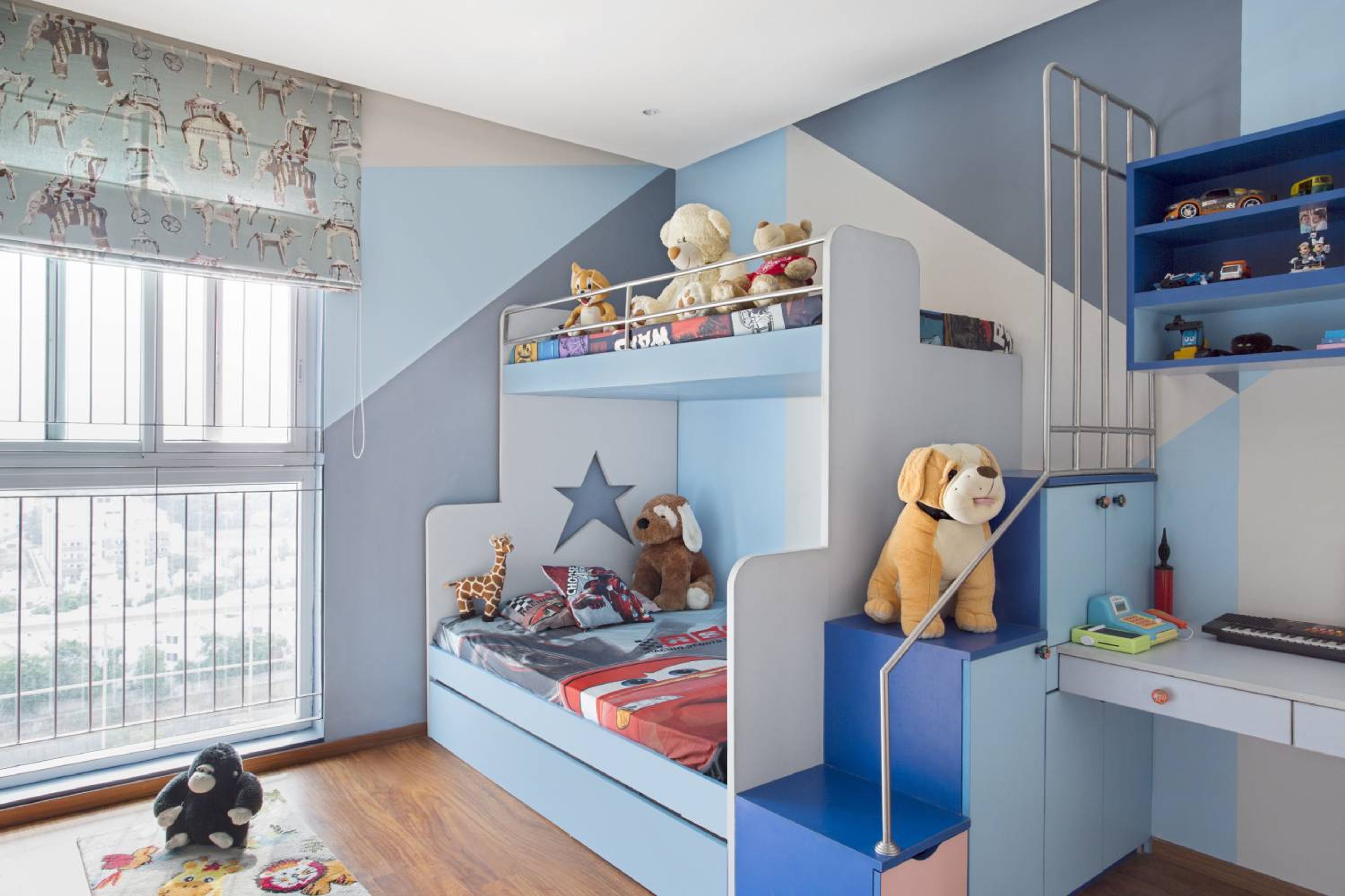 Kids Bedroom Design with Blue Bunk Bed and Walls