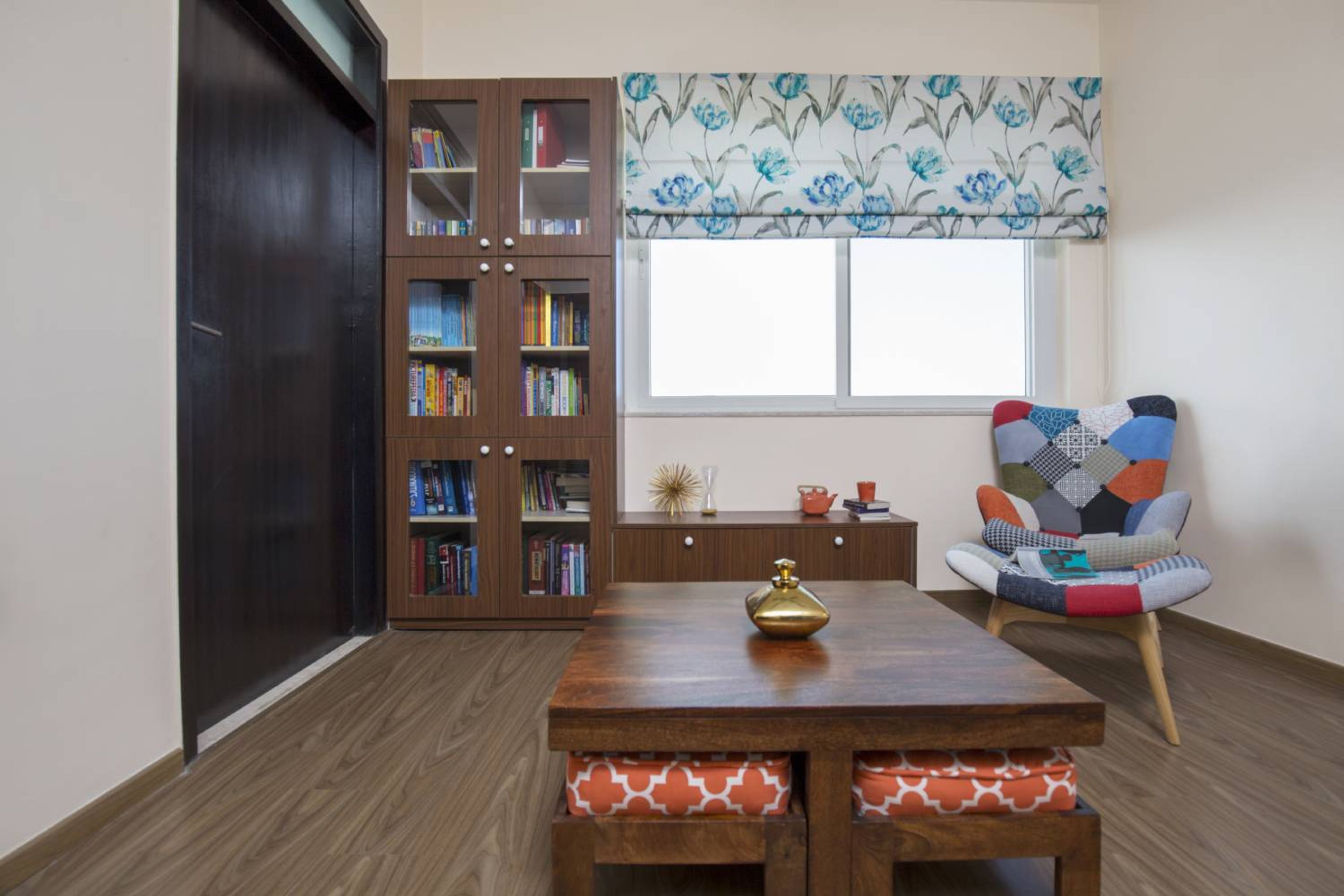 Wooden Drawing Room with Bookshelf