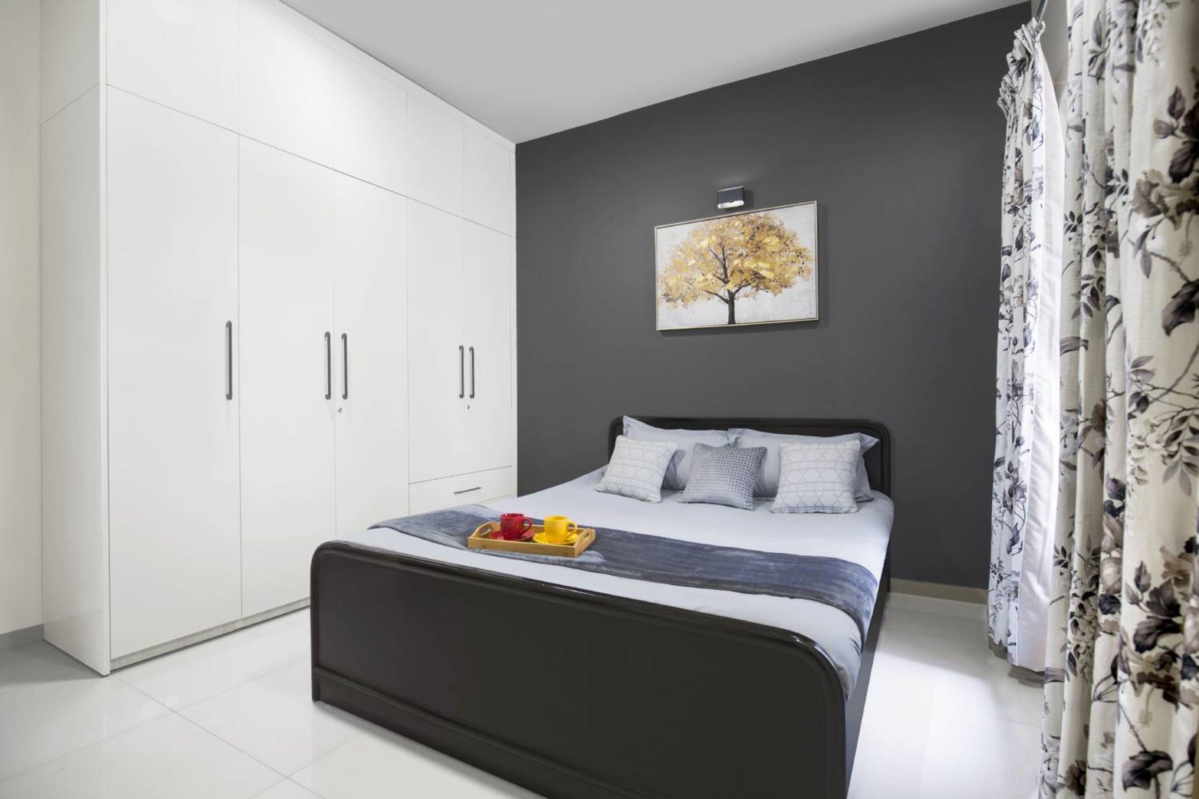 Guest Bedroom Design with White 6-Door Swing Wardrobe