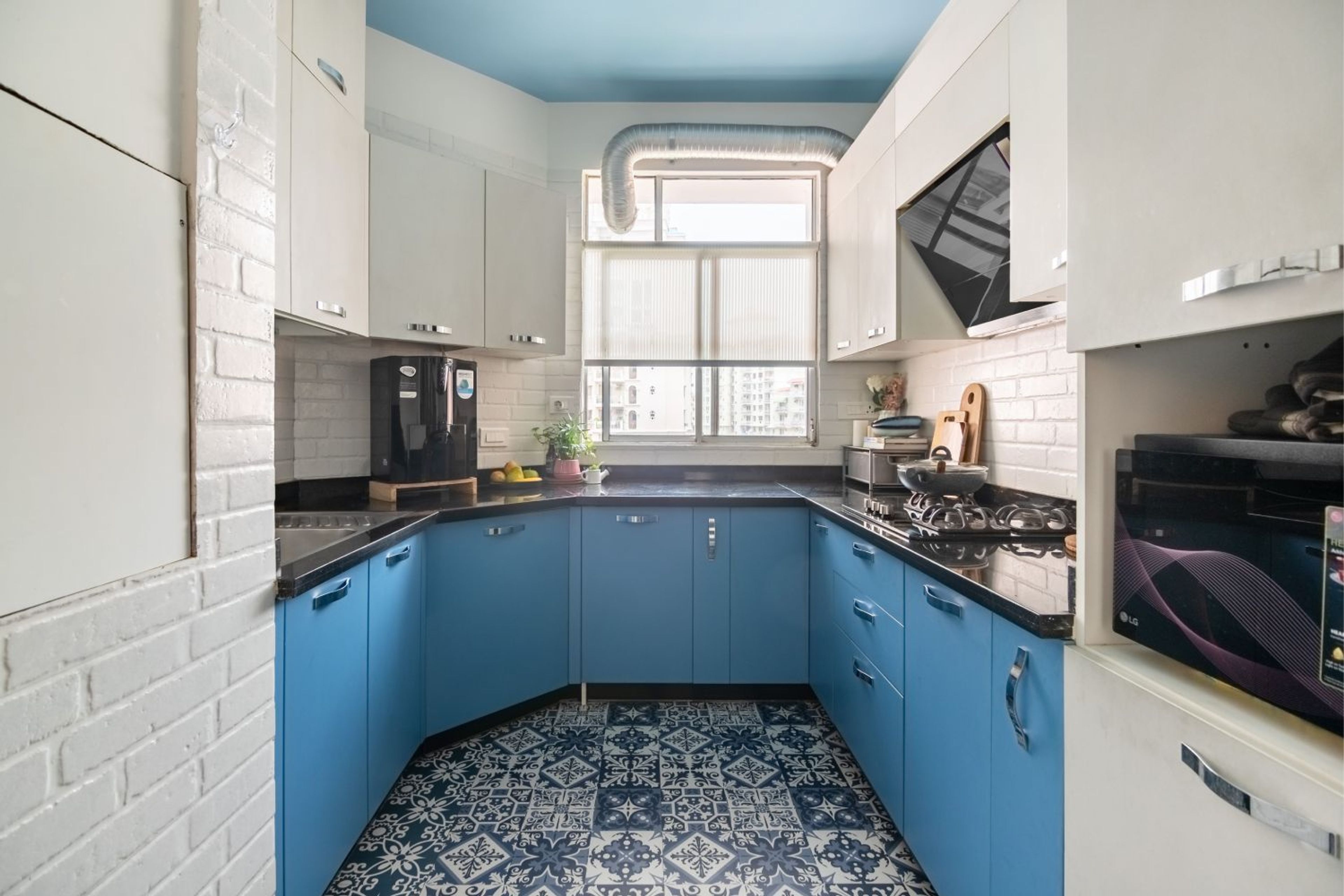White and Blue U-Shaped Modular Kitchen Design