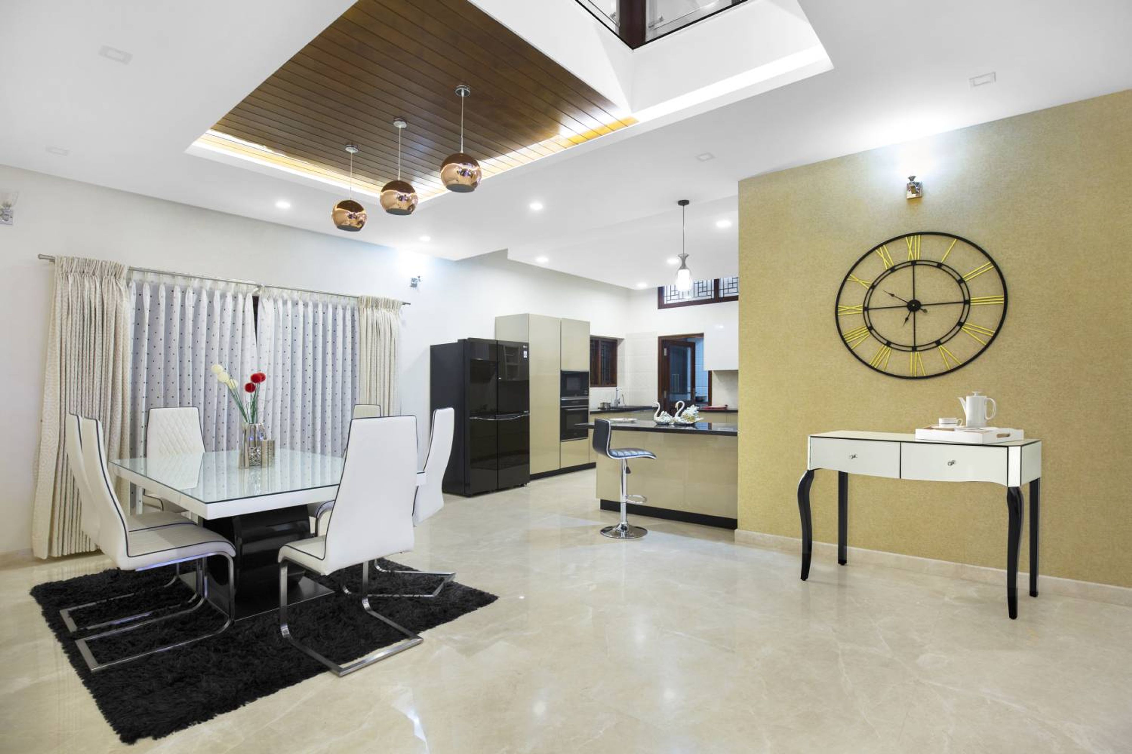 Dining Room Design with Wall Clock on Beige Patterned Walls