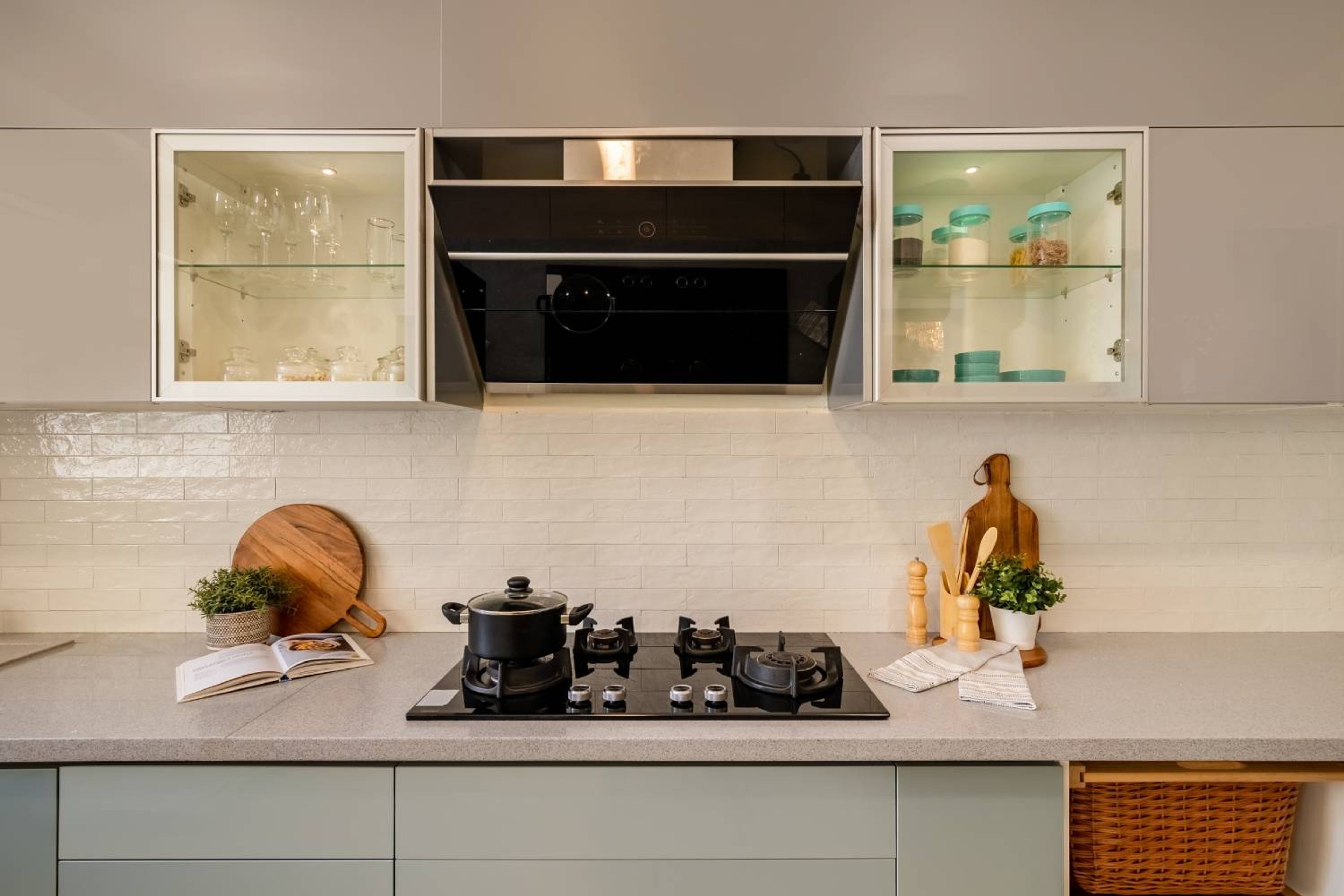 Modular L-Shaped Kitchen Design with Brick Wallpaper Design