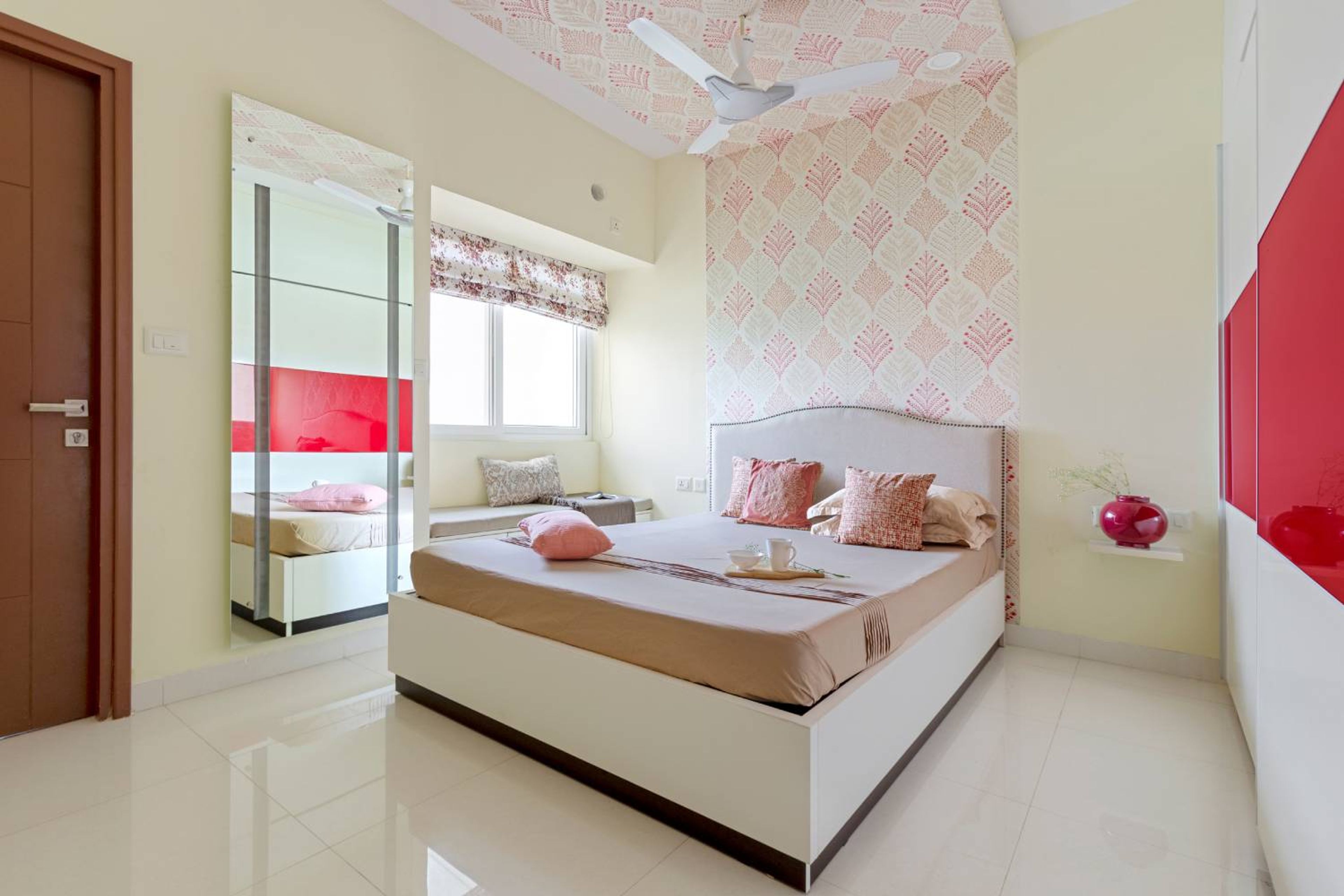 Master Bedroom Design with Floral Pattern Wallpaper