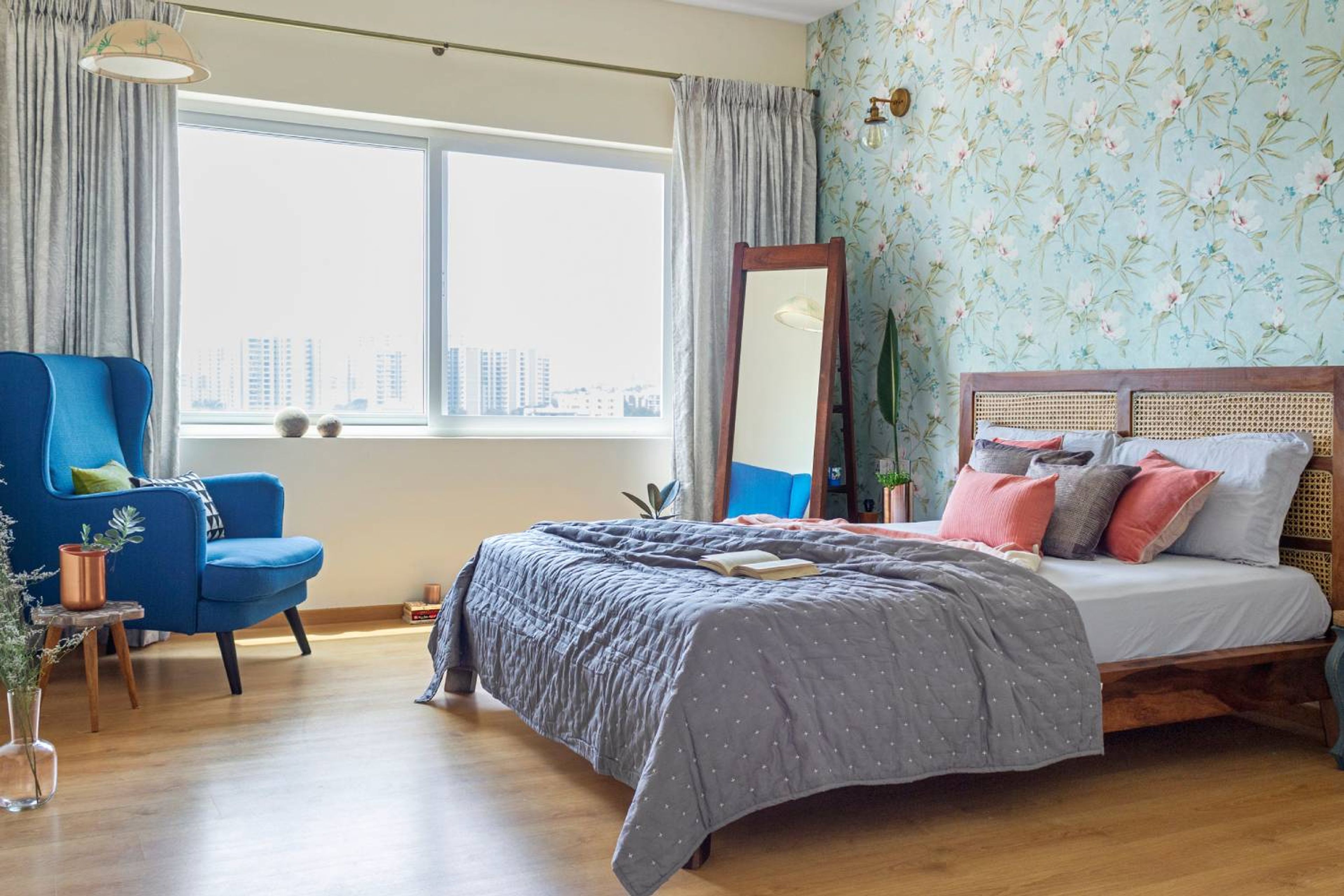 Guest Bedroom Design with Blue Floral Wallpaper