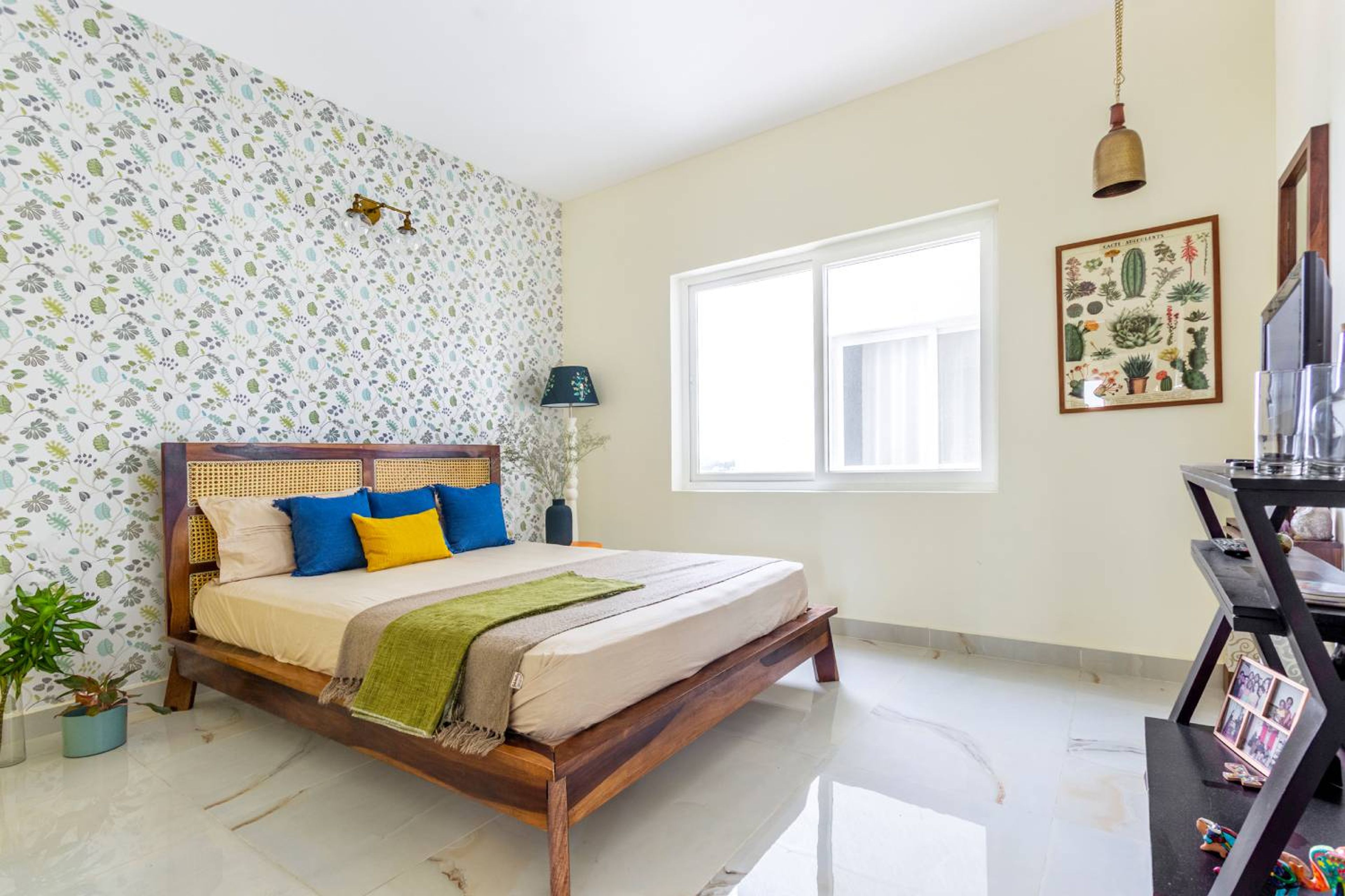 Master Bedroom Design with White Floral Wallpaper