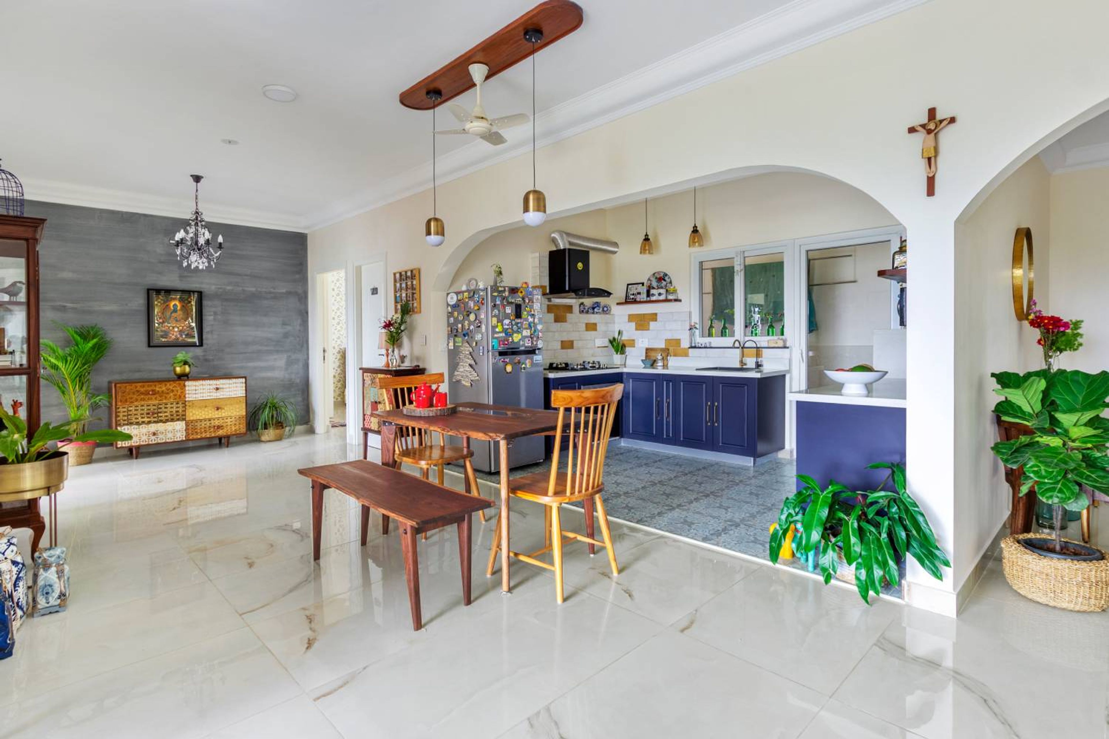 4-Seater Dining Room Design with Wooden Chairs and Bench