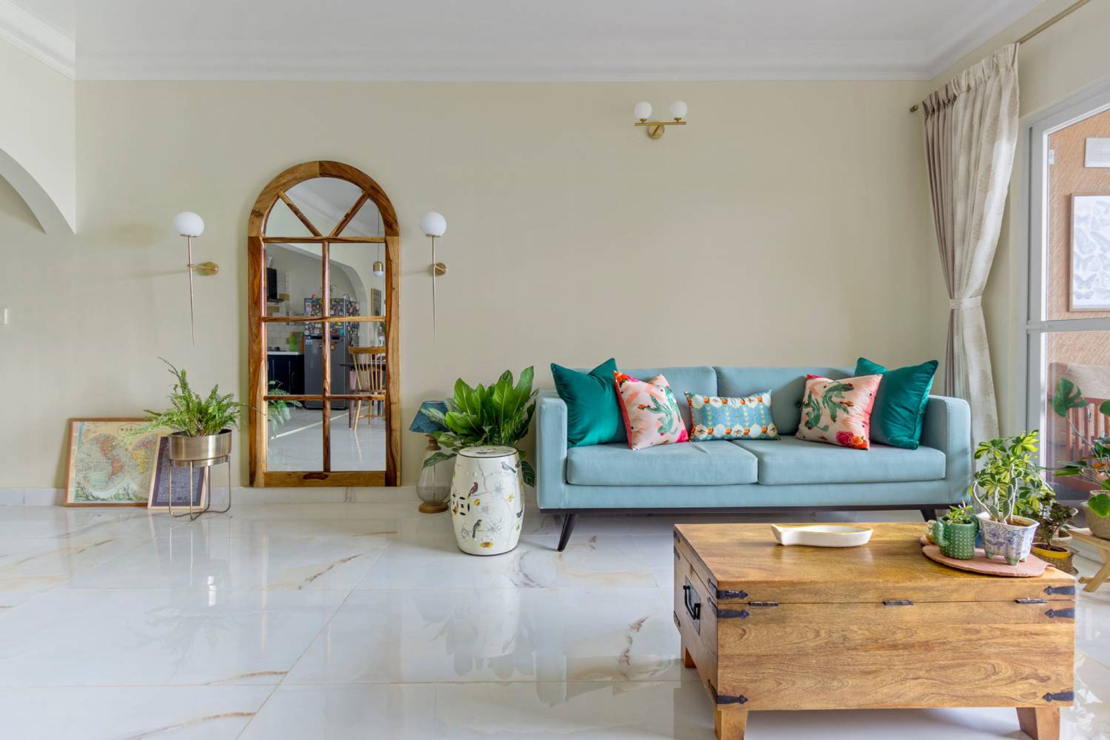 Living Room Design with Blue 3-Seater Sofa