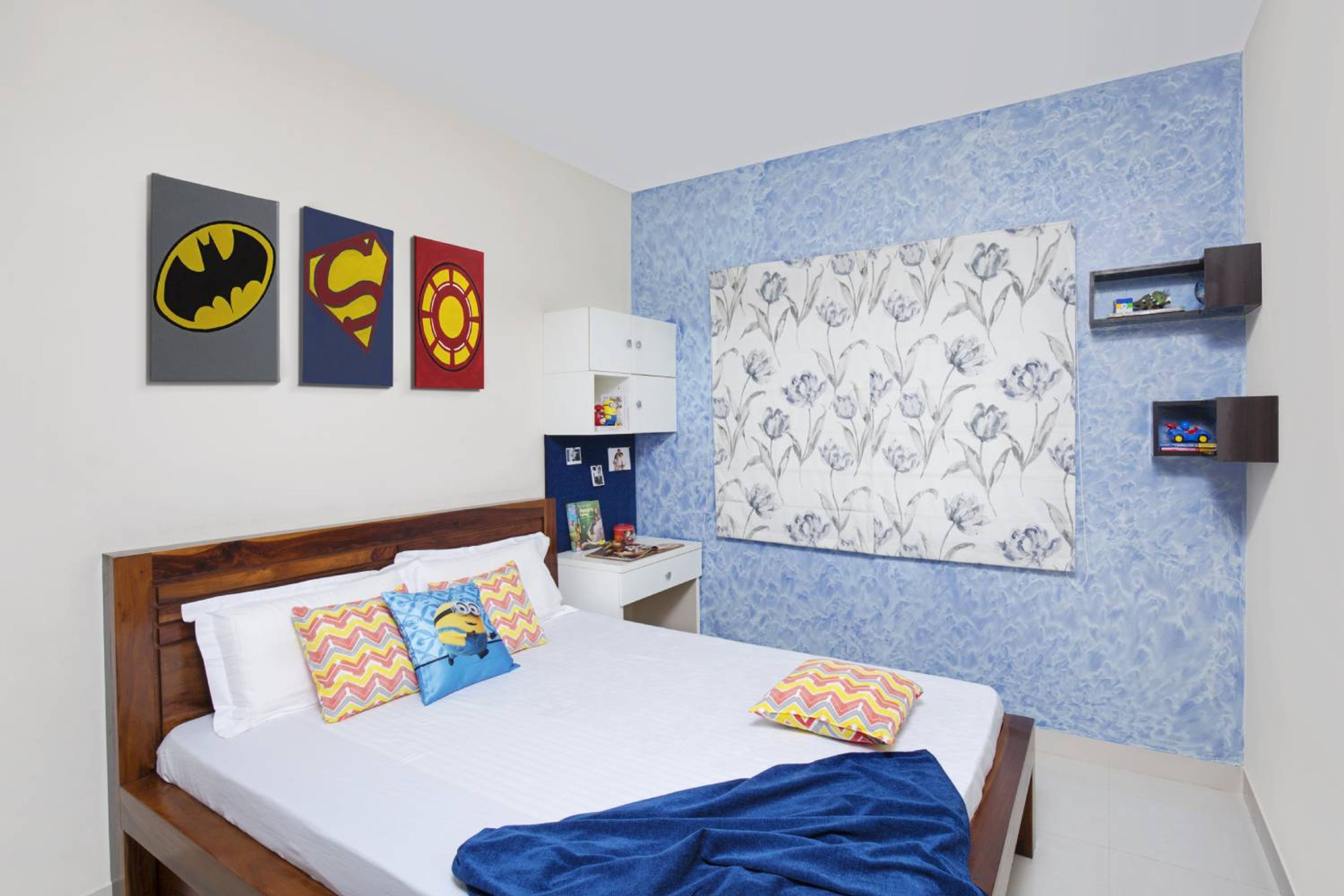Kids Bedroom Design with Blue Floral Wallpaper