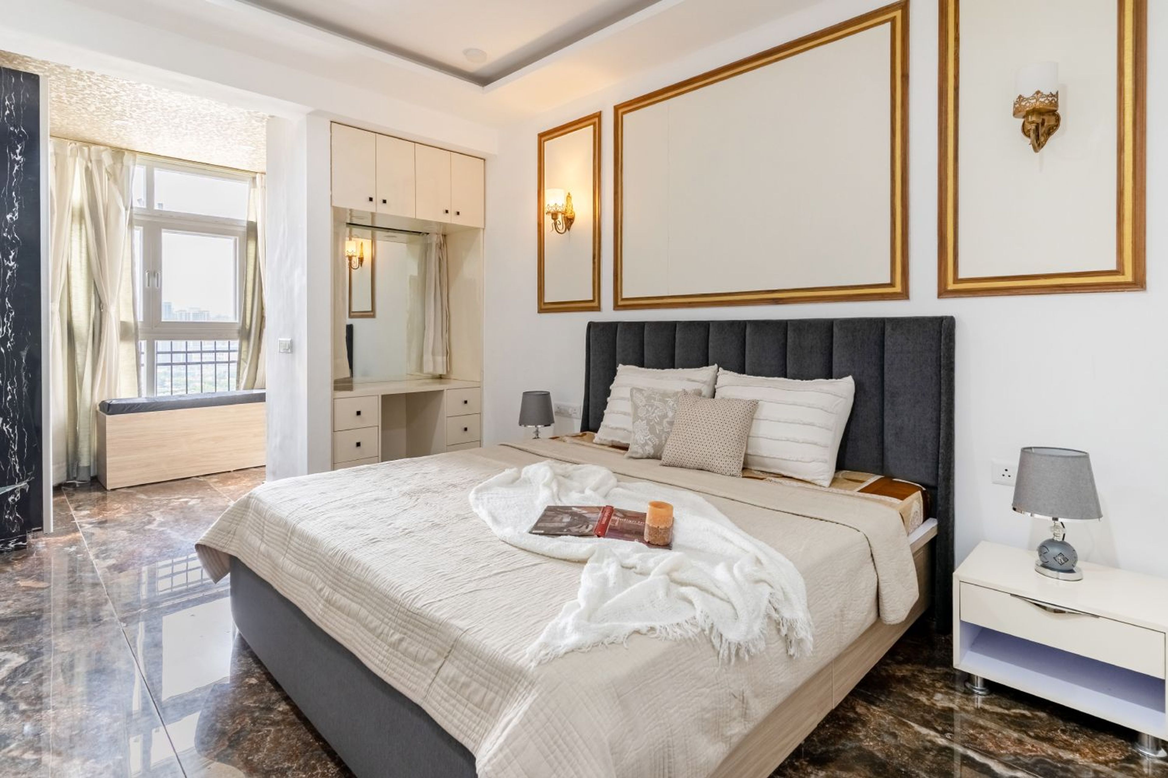 Contemporary 3BHK Flat Design with Stylish Master Bedroom and Striking Living Room