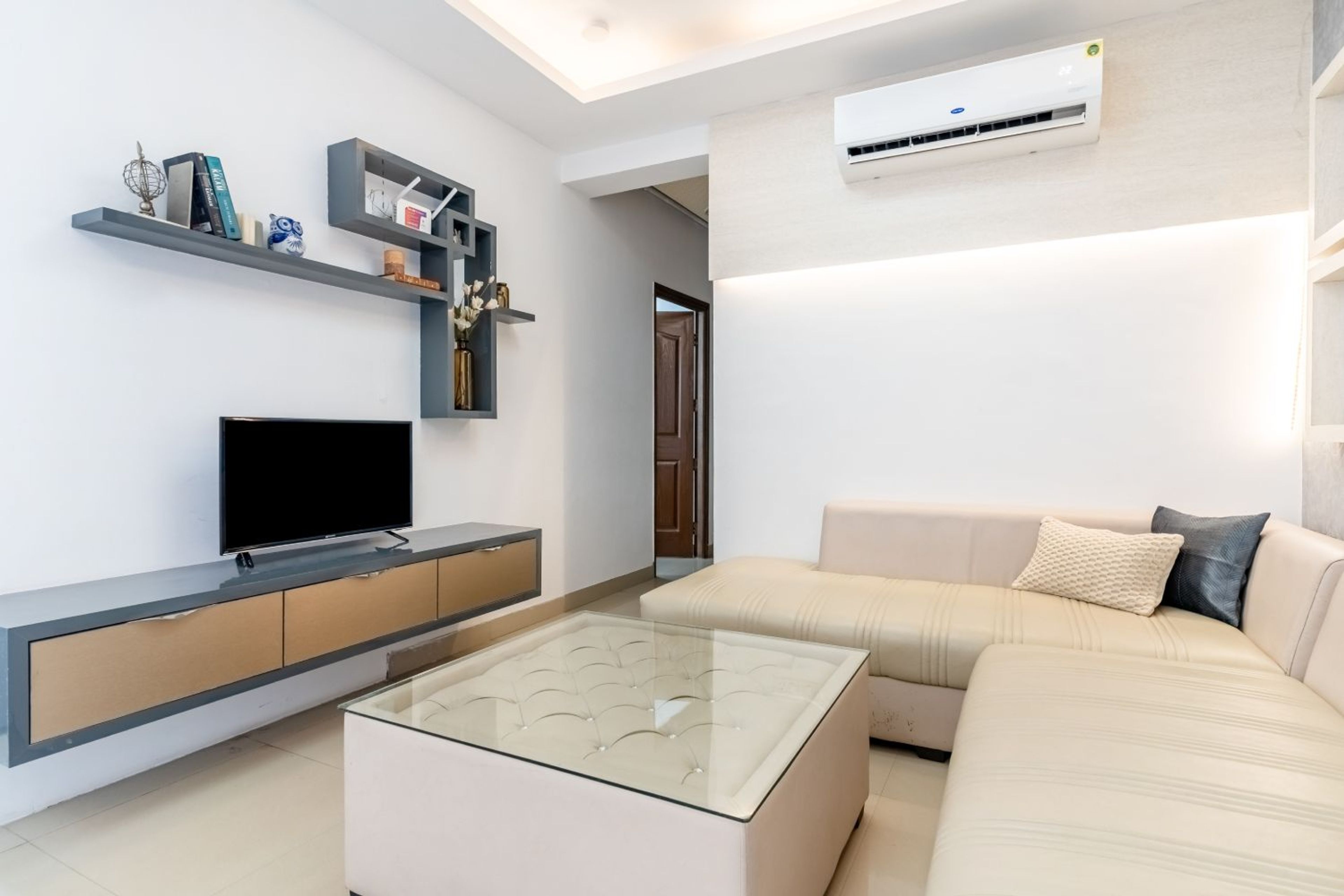 Living Room Design with Grey TV Unit