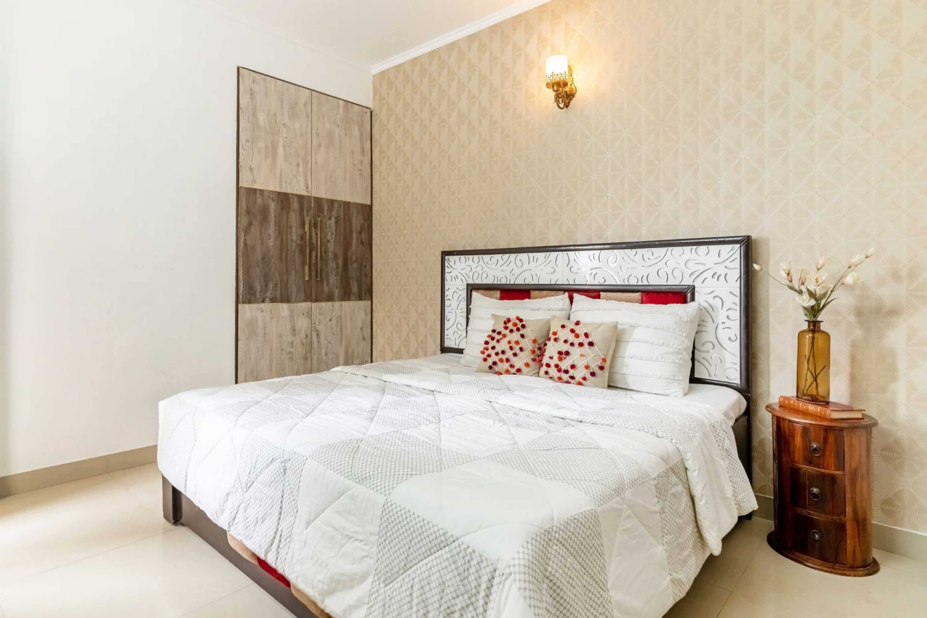 Guest Bedroom Design with White CNC Headboard