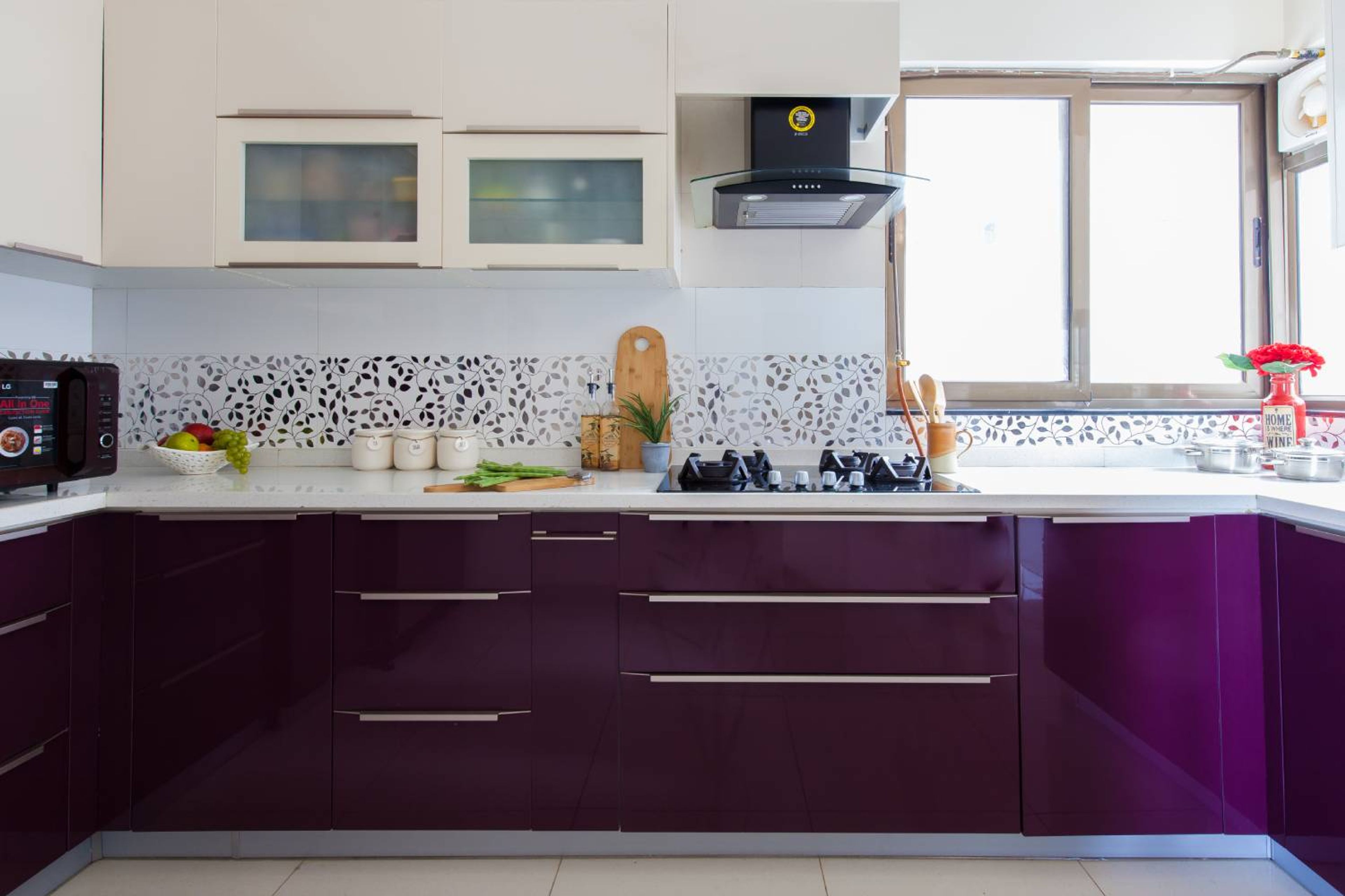 U-Shaped Kitchen Design with Purple Cabinets