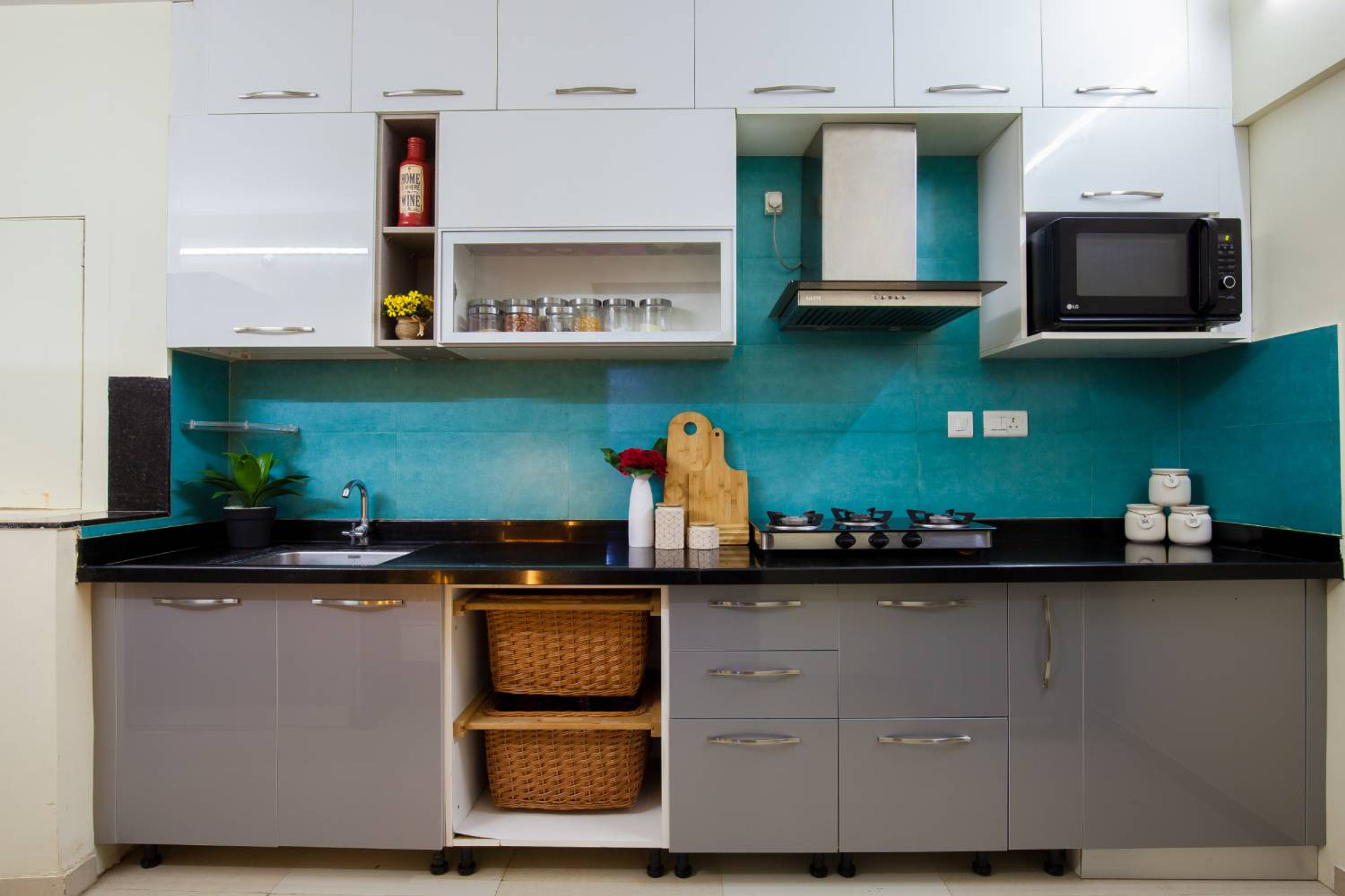 Straight Kitchen Design with Grey Cabinets