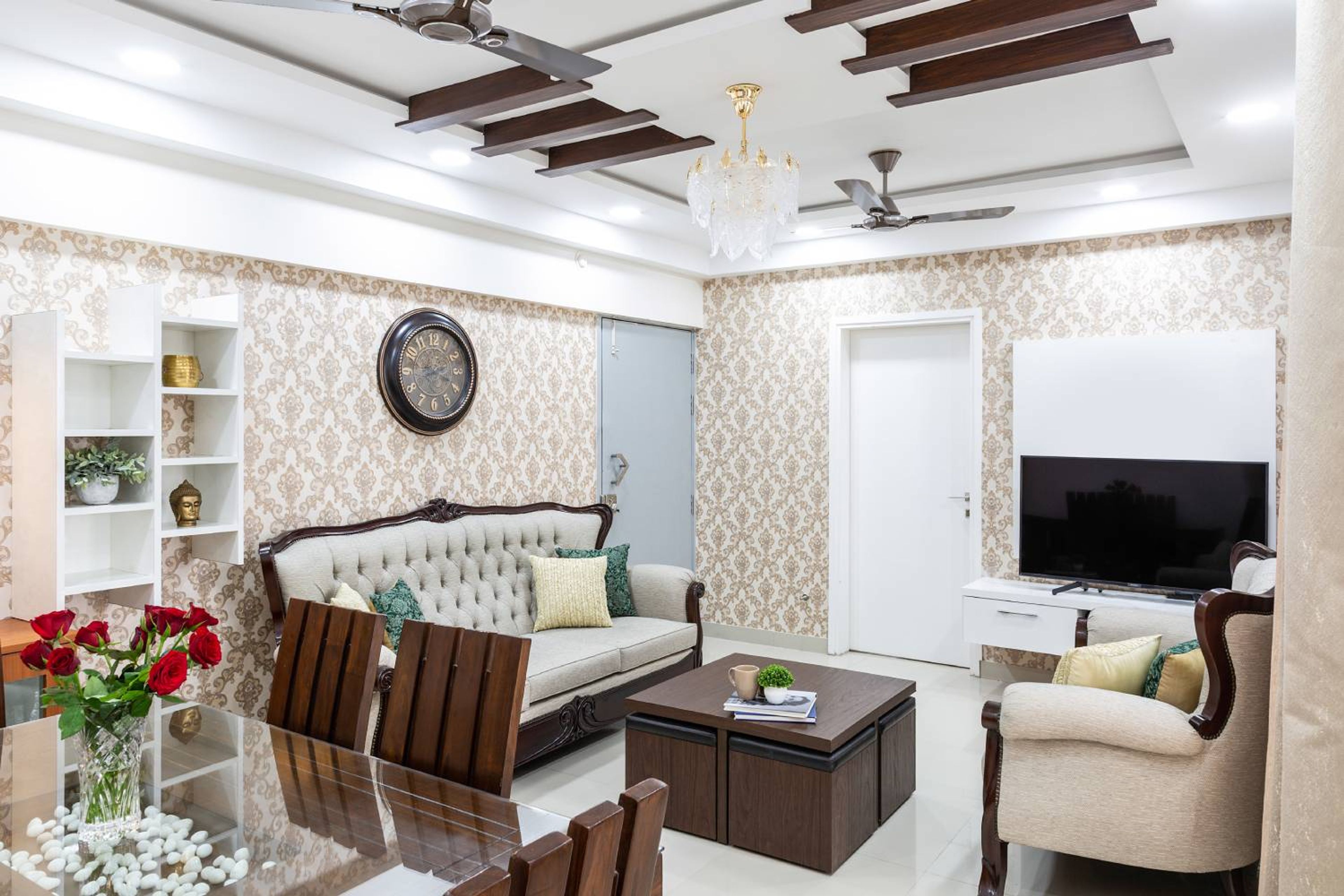 Living Room Design with Ethnic Motif Wallpaper