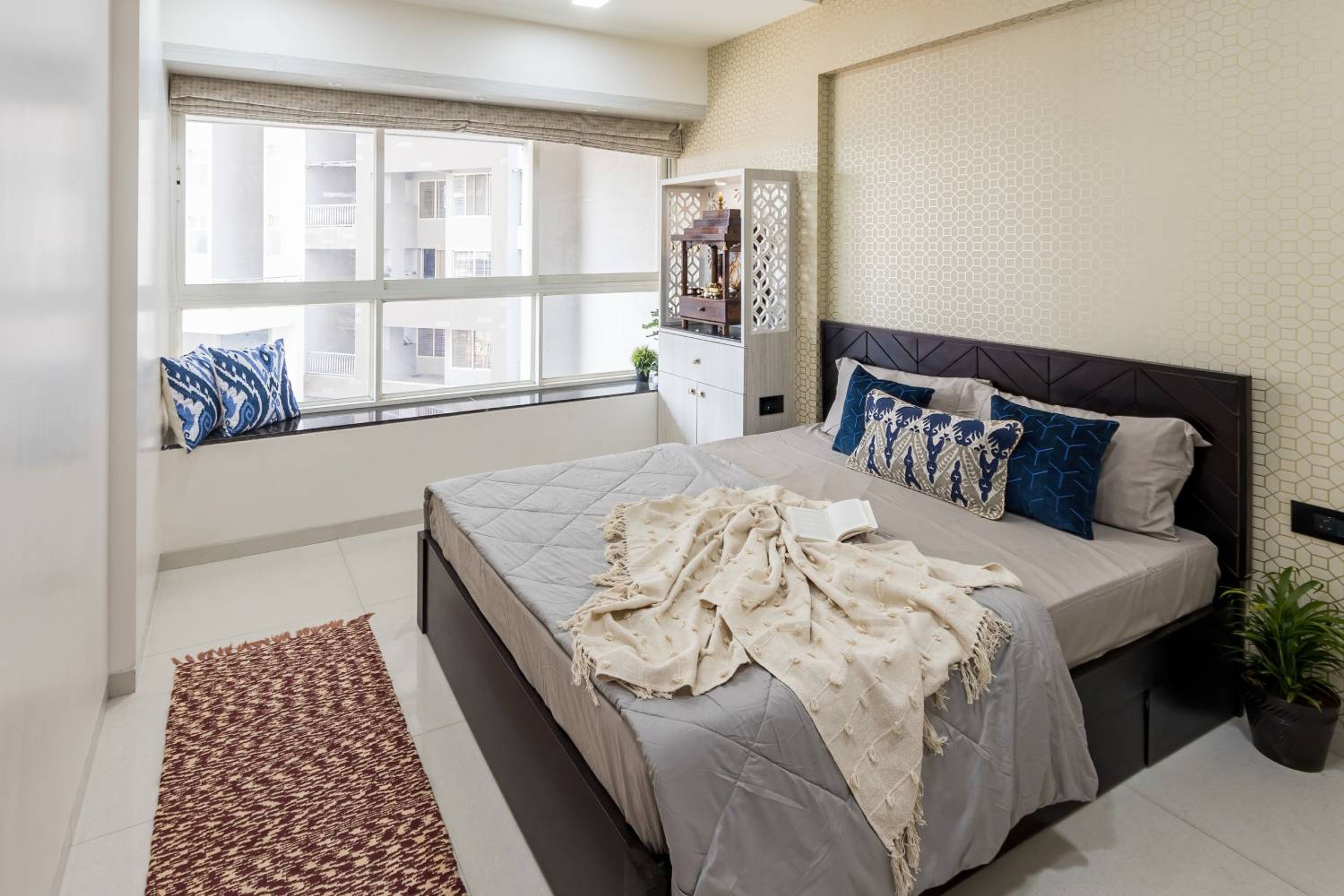 Guest Bedroom Design with White Pooja Unit