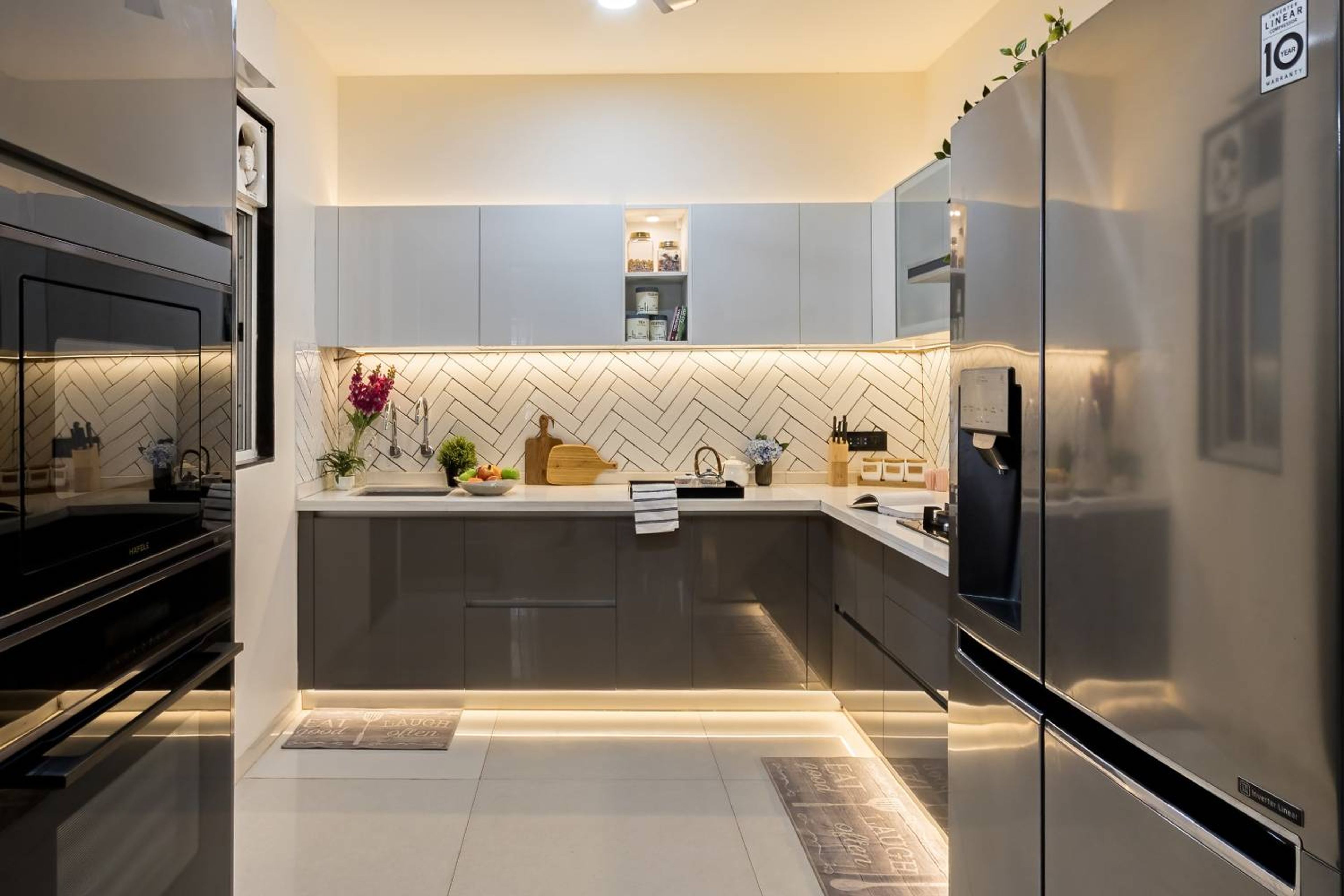 L-Shaped Kitchen Design with Light Grey Loft Units