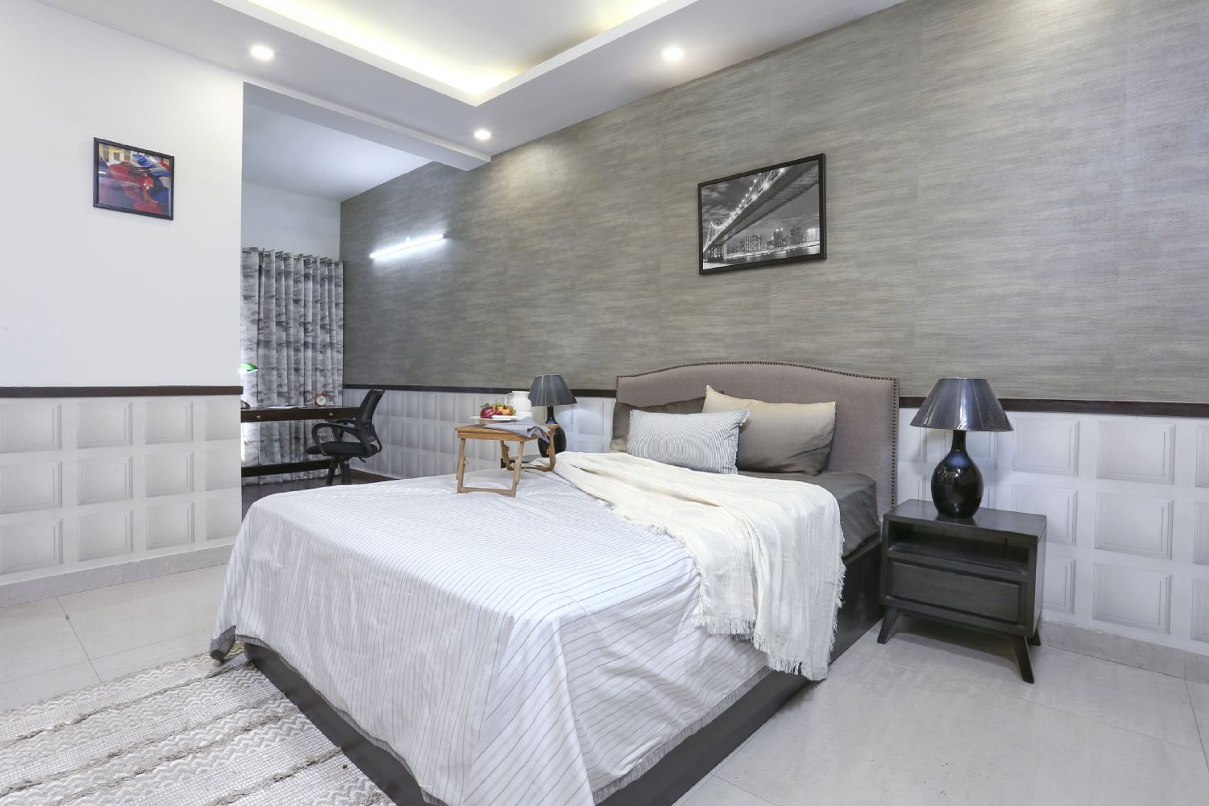 Master Bedroom Design with Grey Patterned Wall