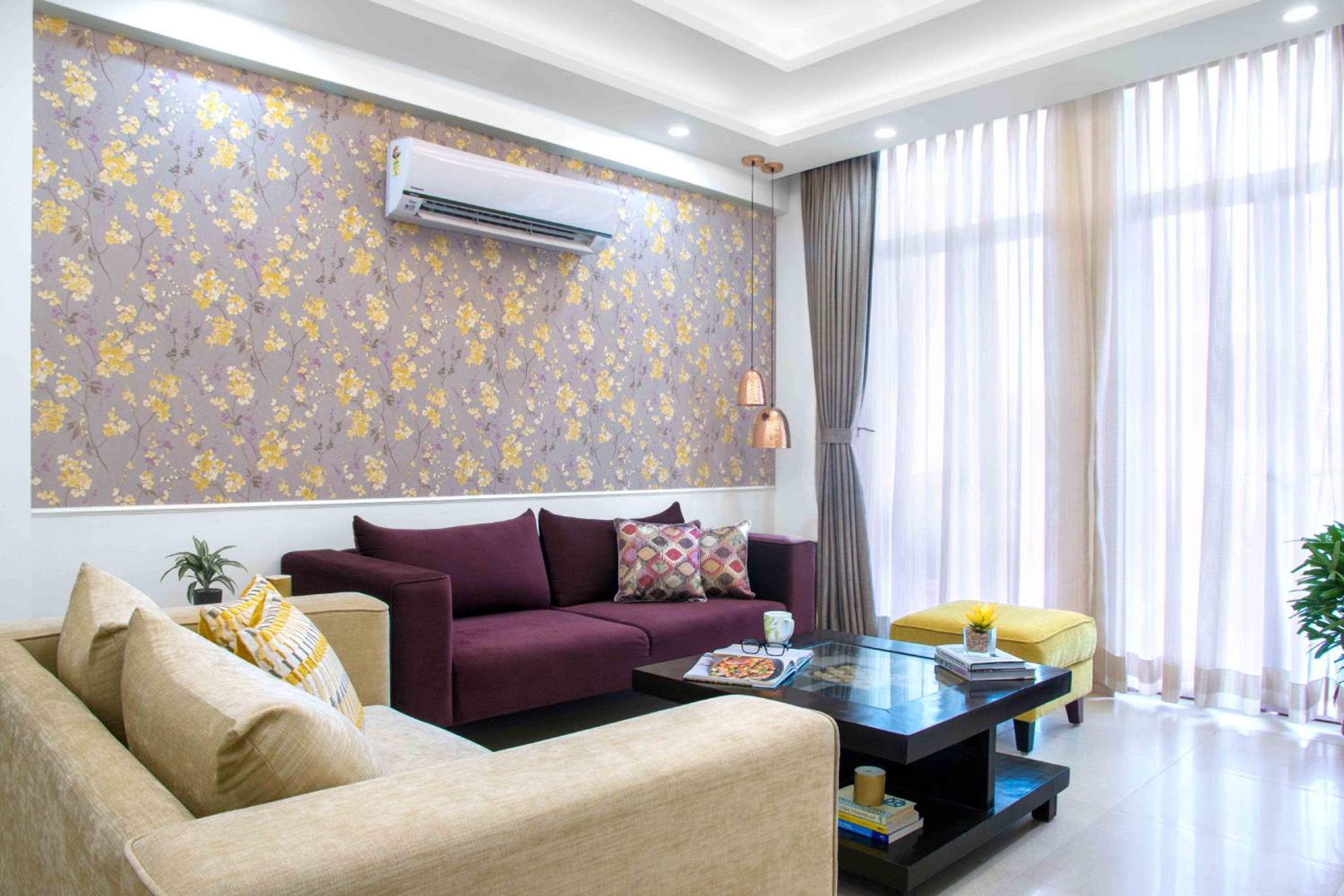 Living Room Design with Beige and Burgundy Sofas