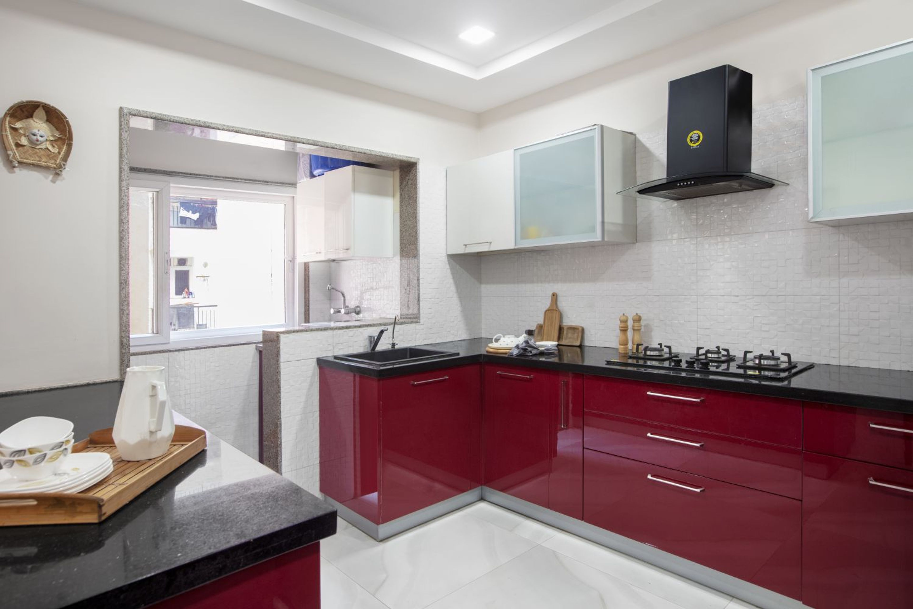 L-Shaped Modular Kitchen Design with Red Cabinets