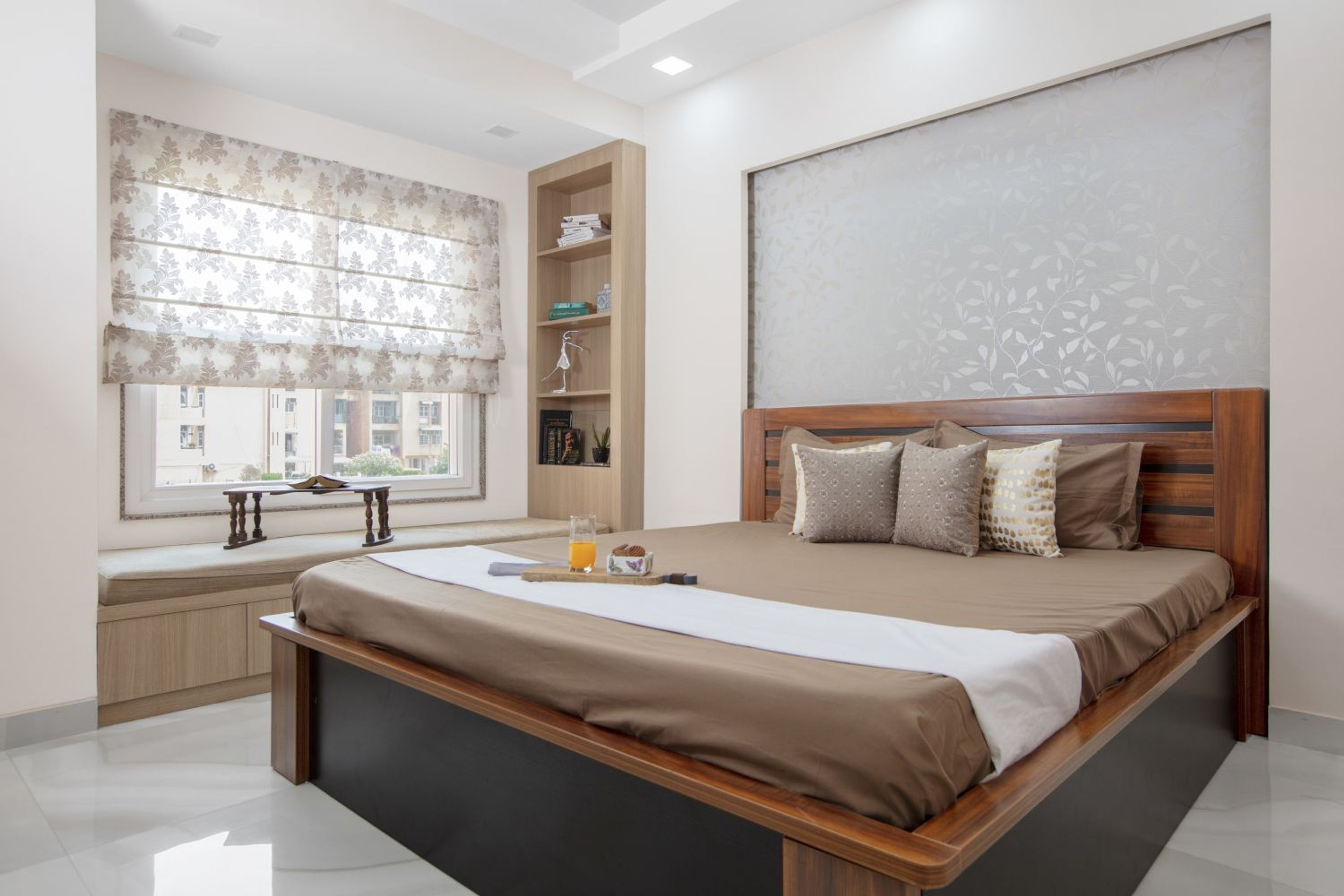 Contemporary 2BHK Flat Design with L-Shape Kitchen and Wallpaper Accents