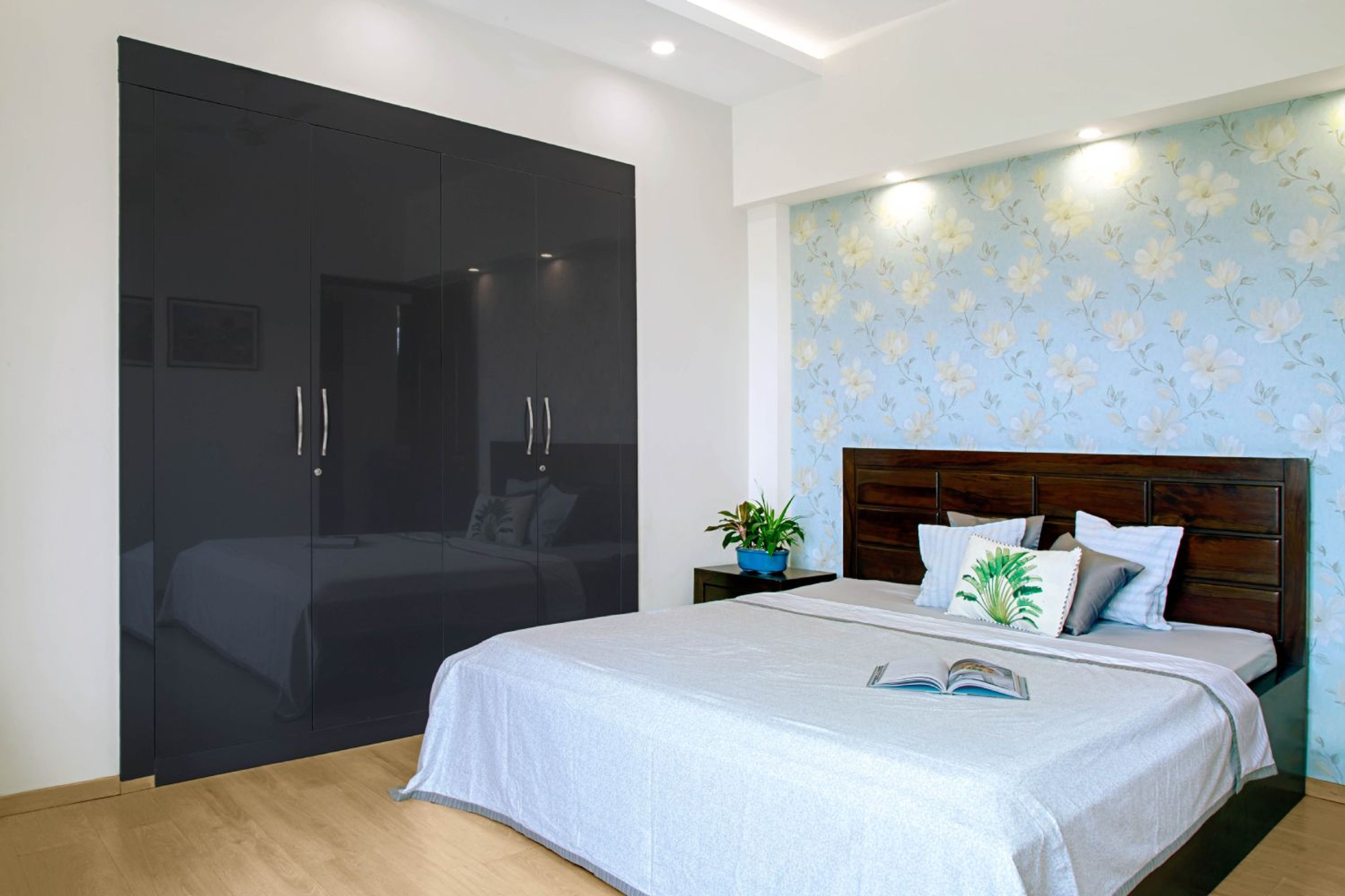 Guest Bedroom Design with Blue Floral Wallpaper