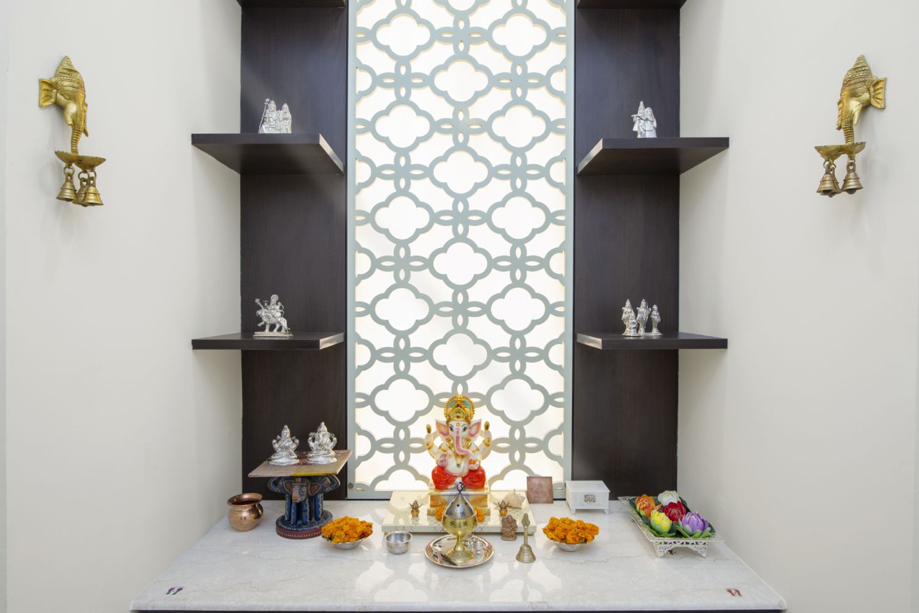 Pooja Room Design with Open Shelves