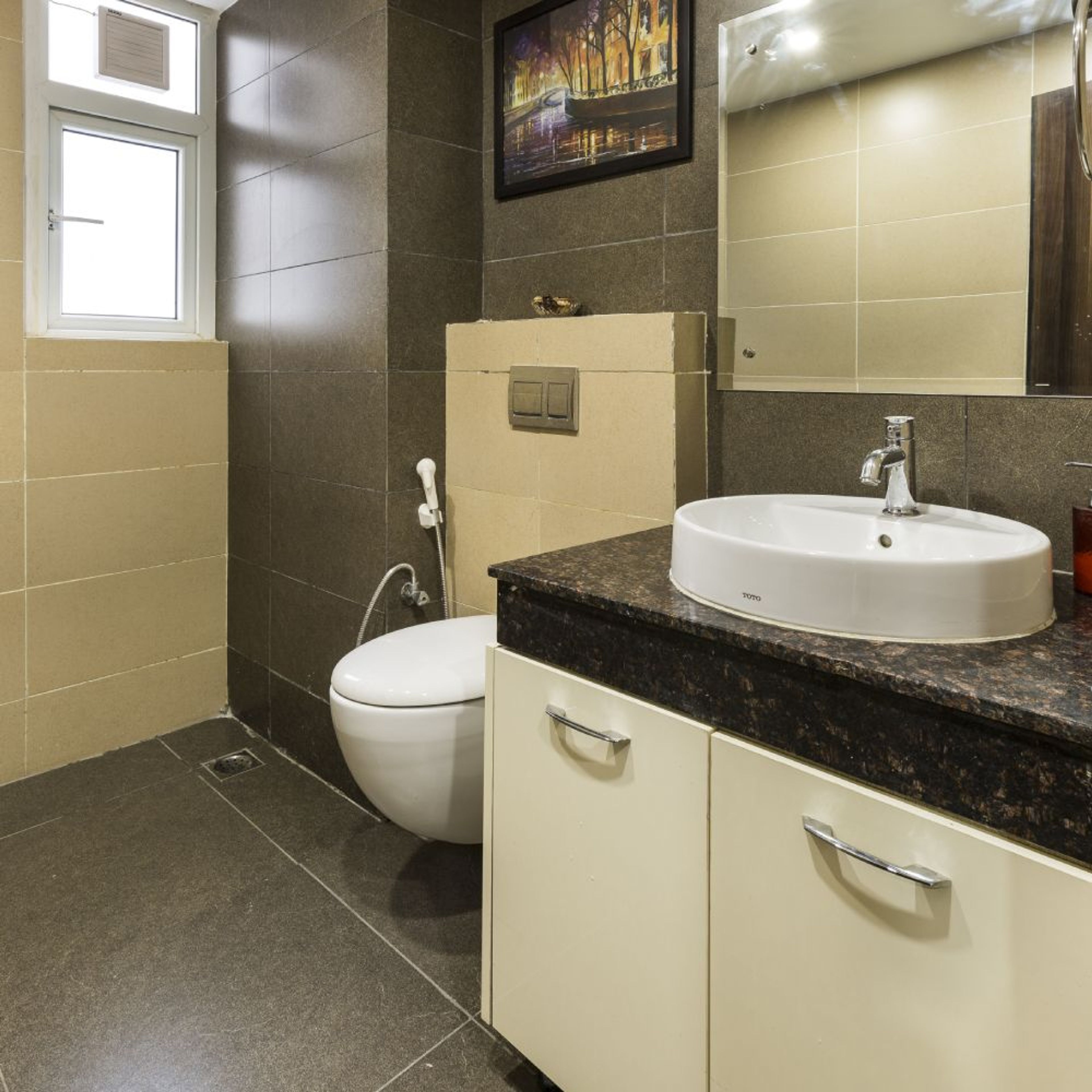 Bathroom Design with beige vanity unit storage