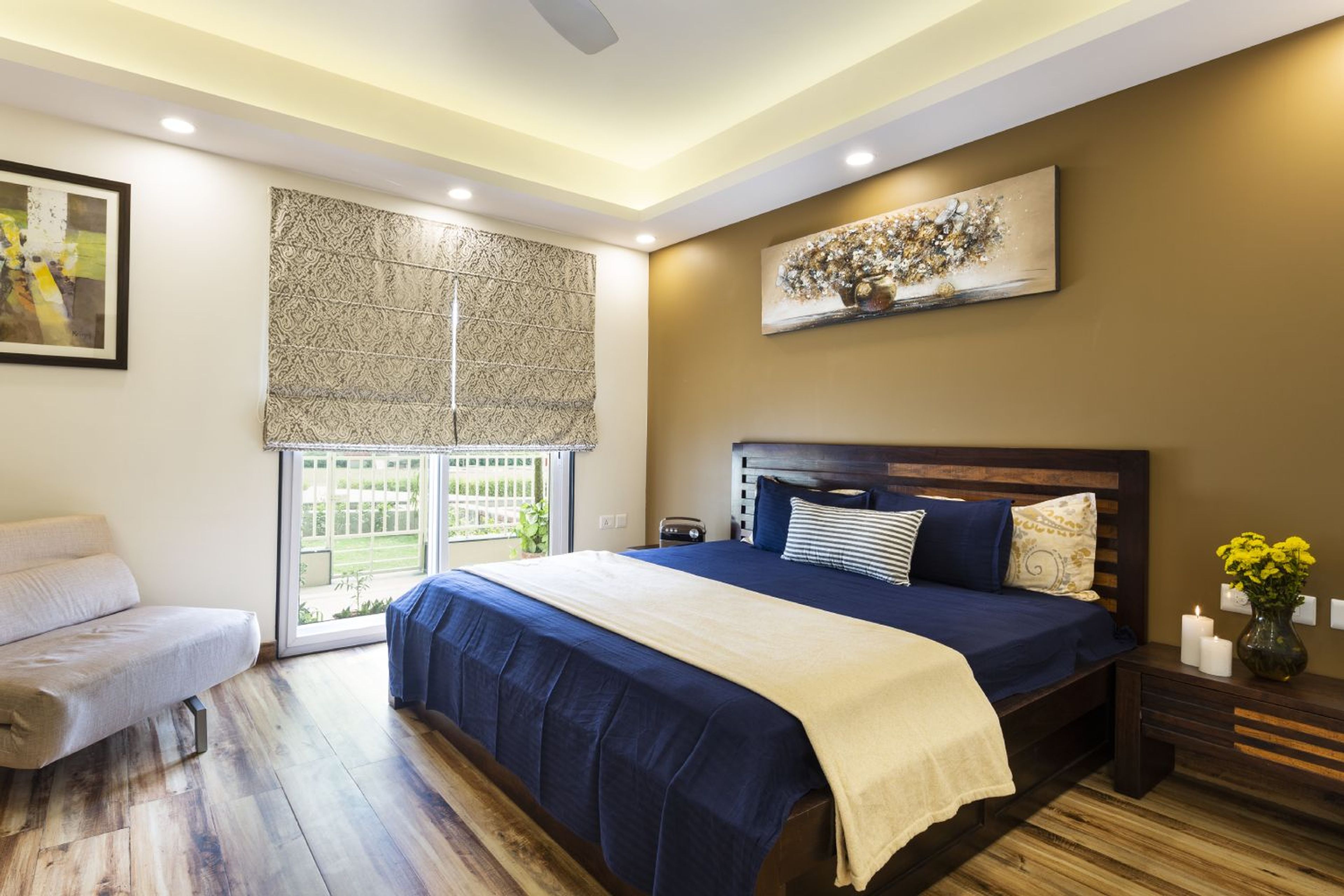 Contemporary 2BHK Flat Design with Open Kitchen and Neutral-Toned Bedrooms