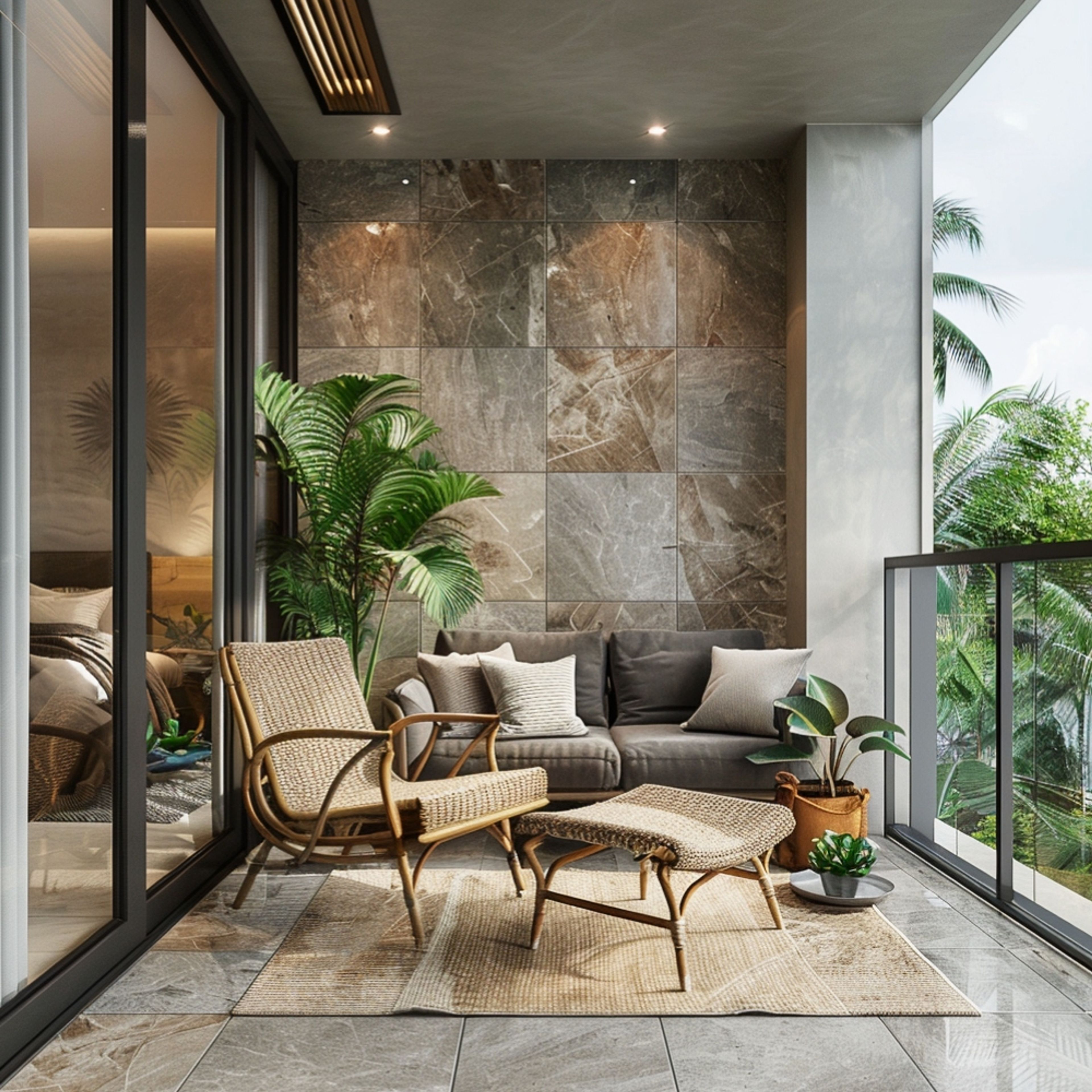 Tropical Balcony Design With Grey Sofa and Cane Furniture