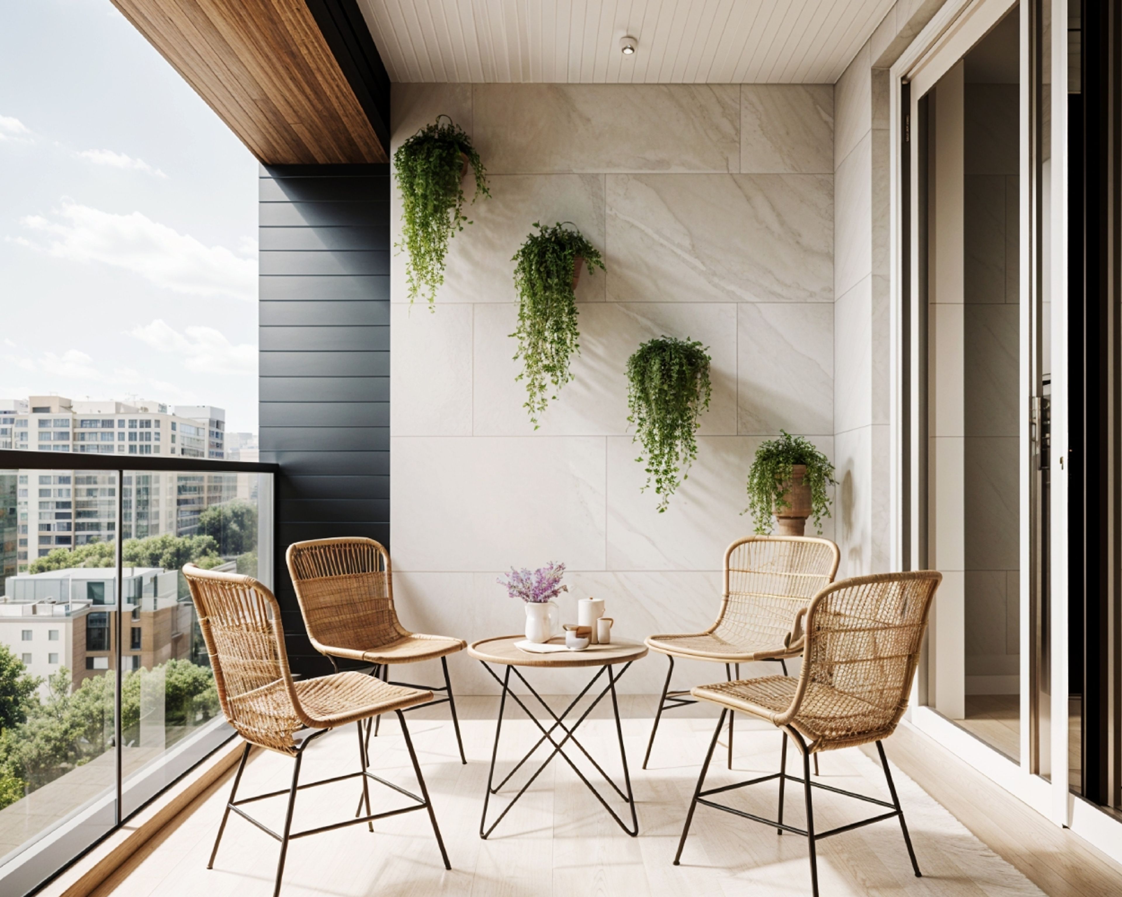 Modern Balcony Design With Marble Wall Tile and Cane Chairs