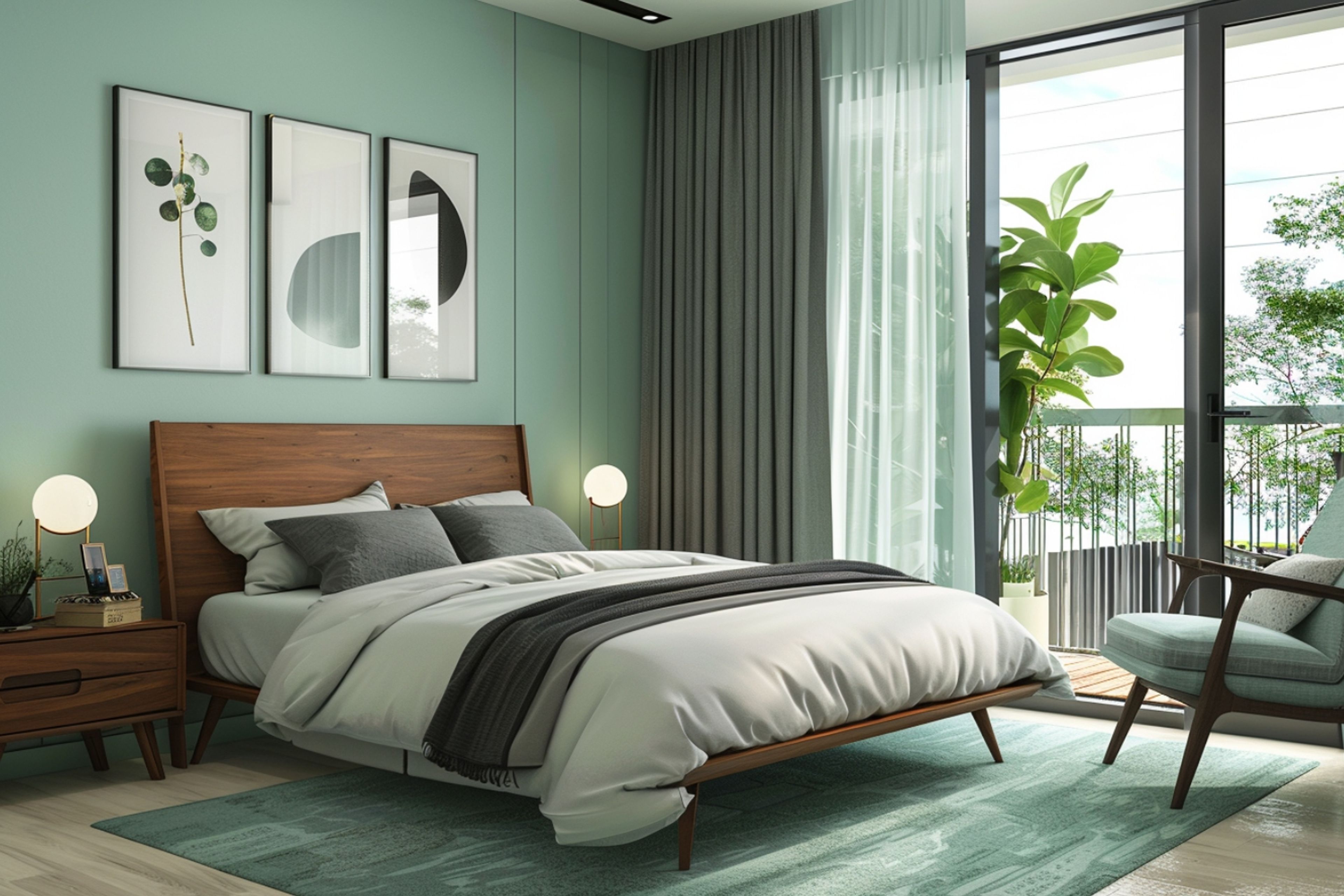 Mid-Century Modern Master Bedroom Design With Pastel Green Wall