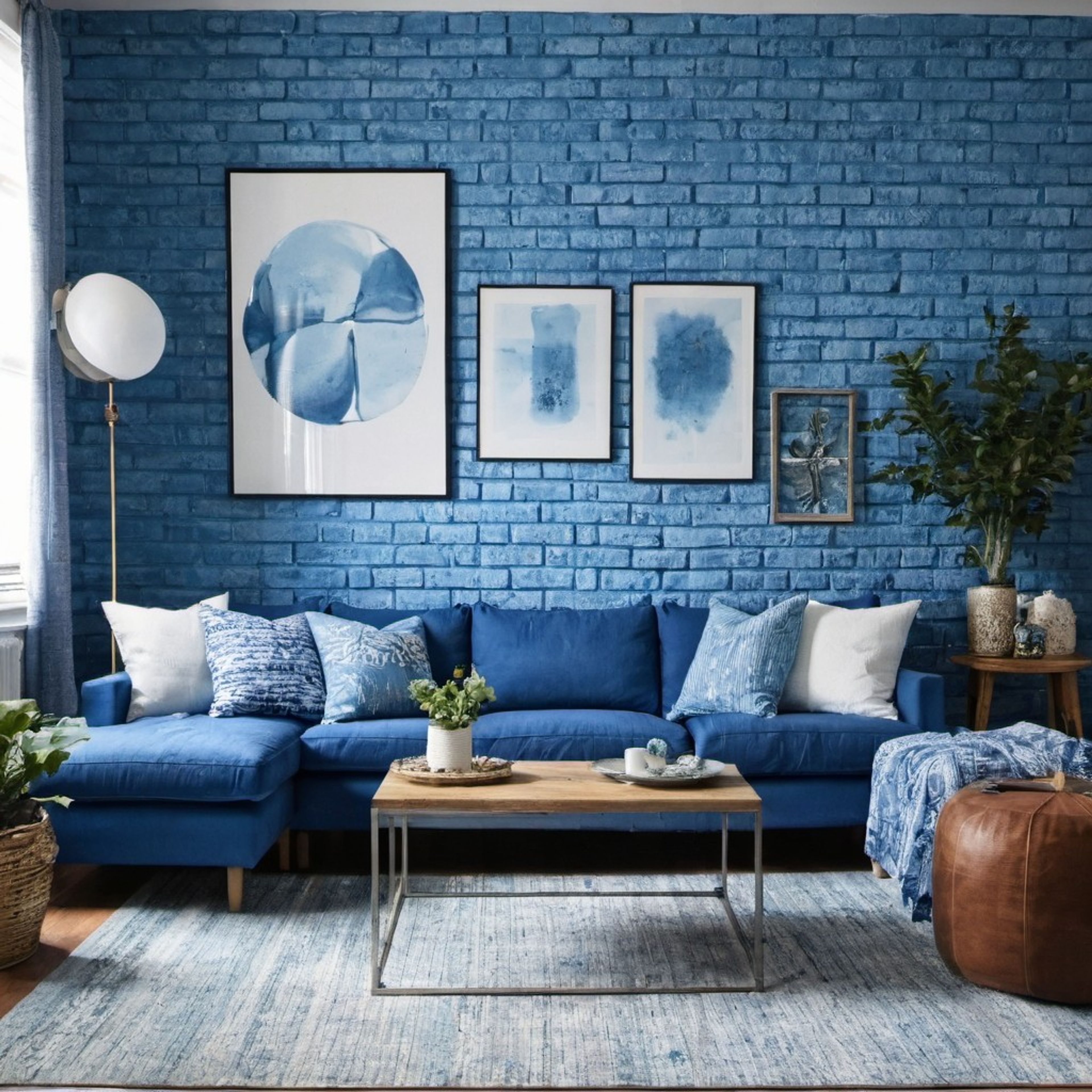 Mid-century modern living room design with L-shaped blue sofa - Livspace