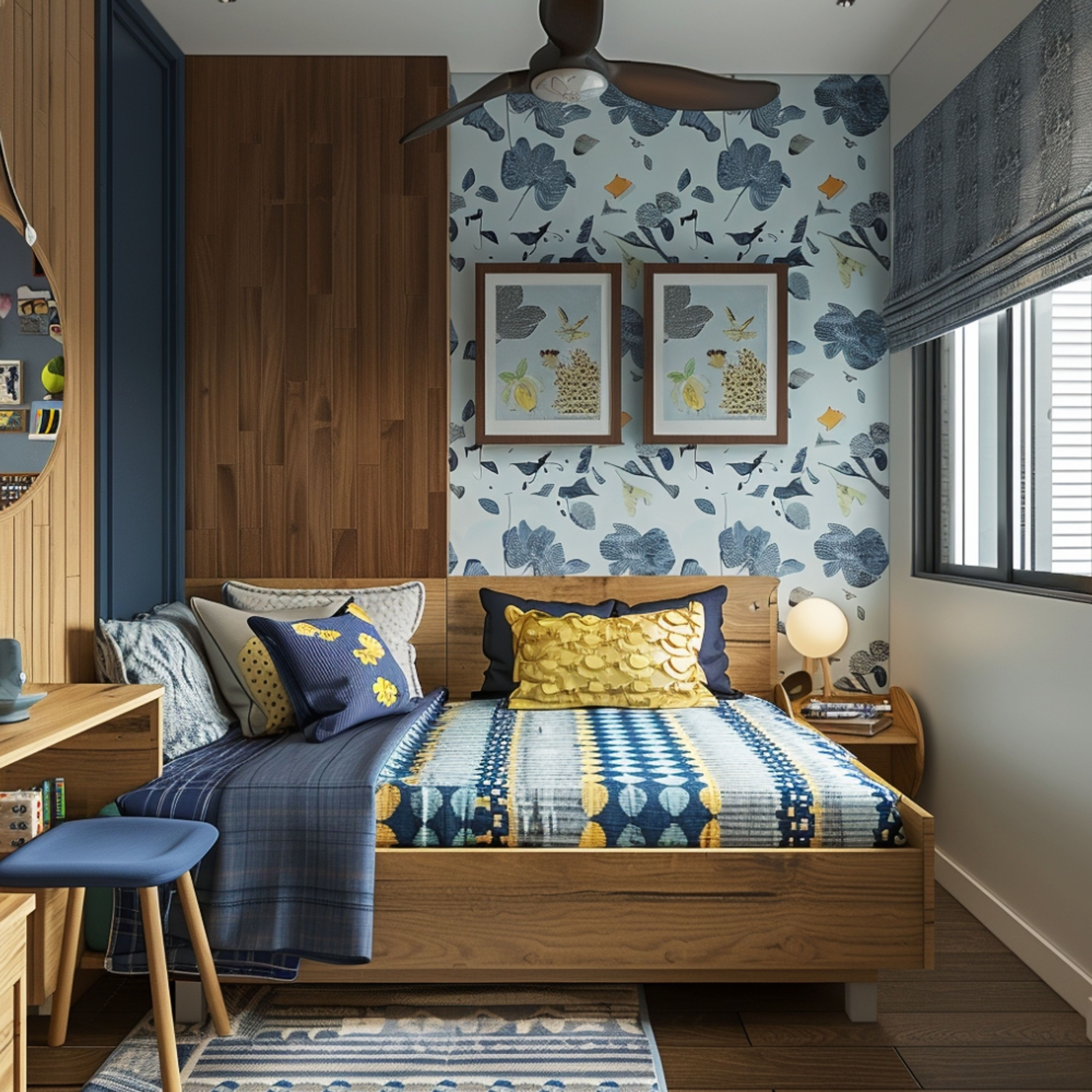 Modern Kids Bedroom Design With Wooden Double Bed and Blue Leaf Wallpaper