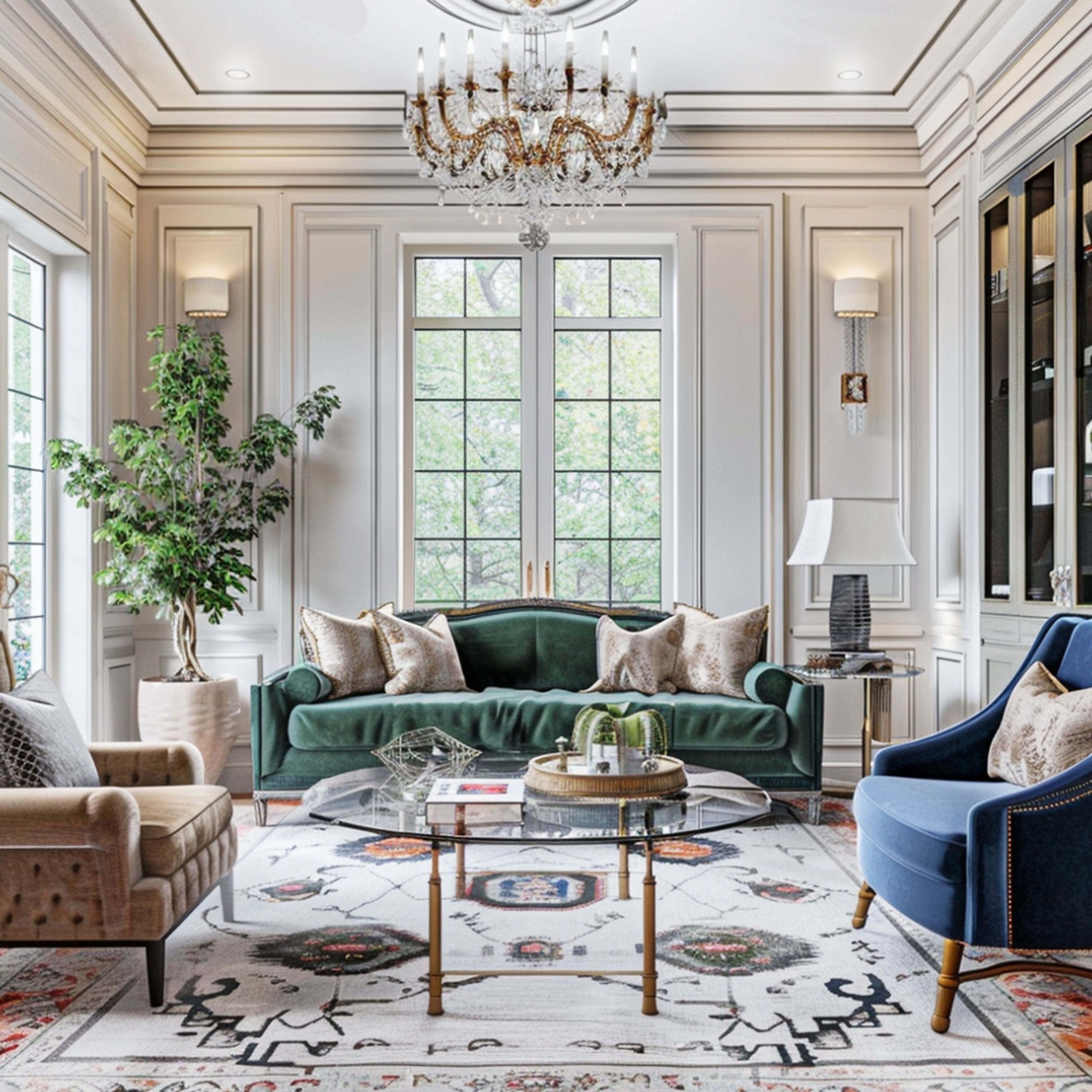 Mid-century living room design with grey and green sofas, bookshelf,  glass block windows - Livspace