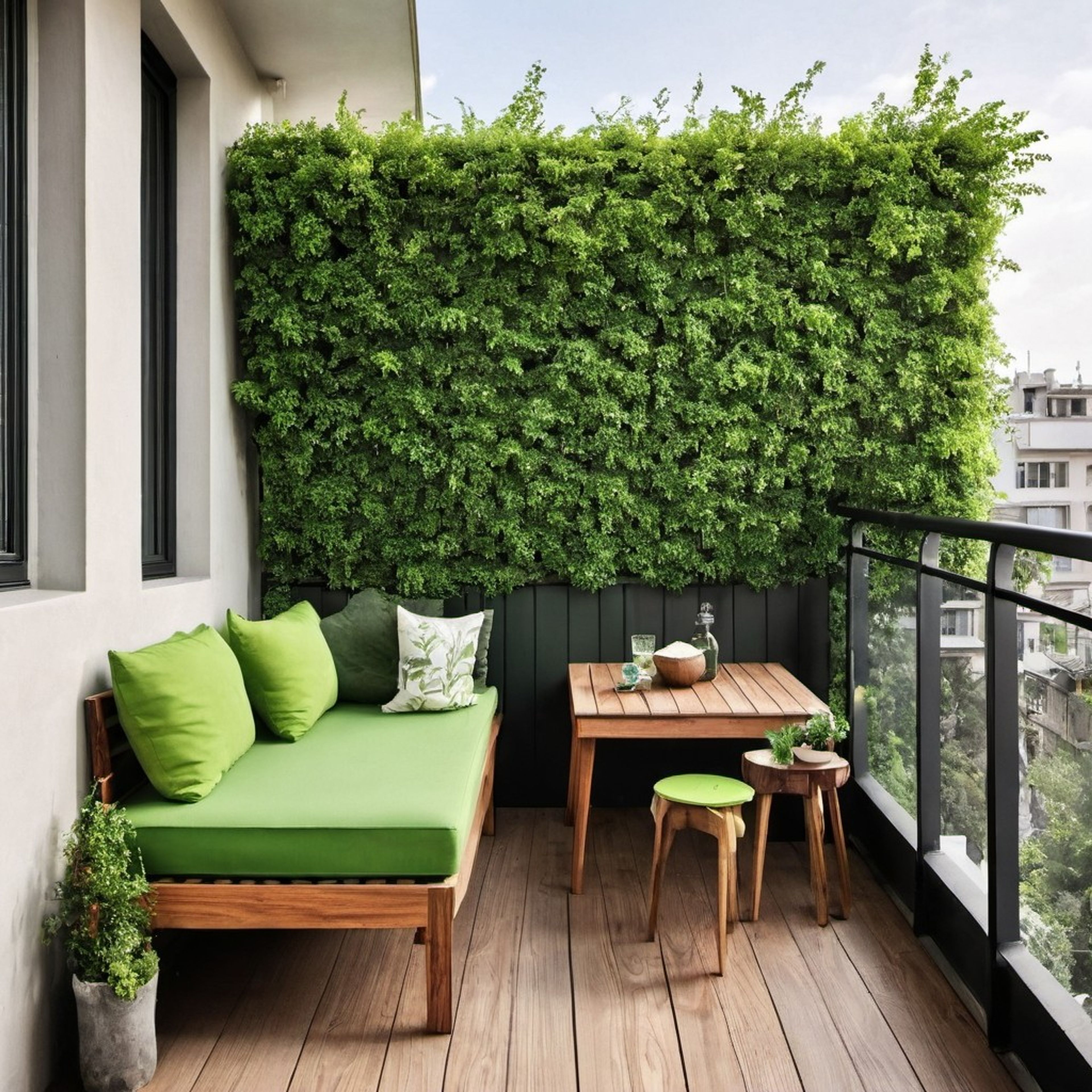 Contemporary Balcony with Turf Wall and Wooden Plank Flooring