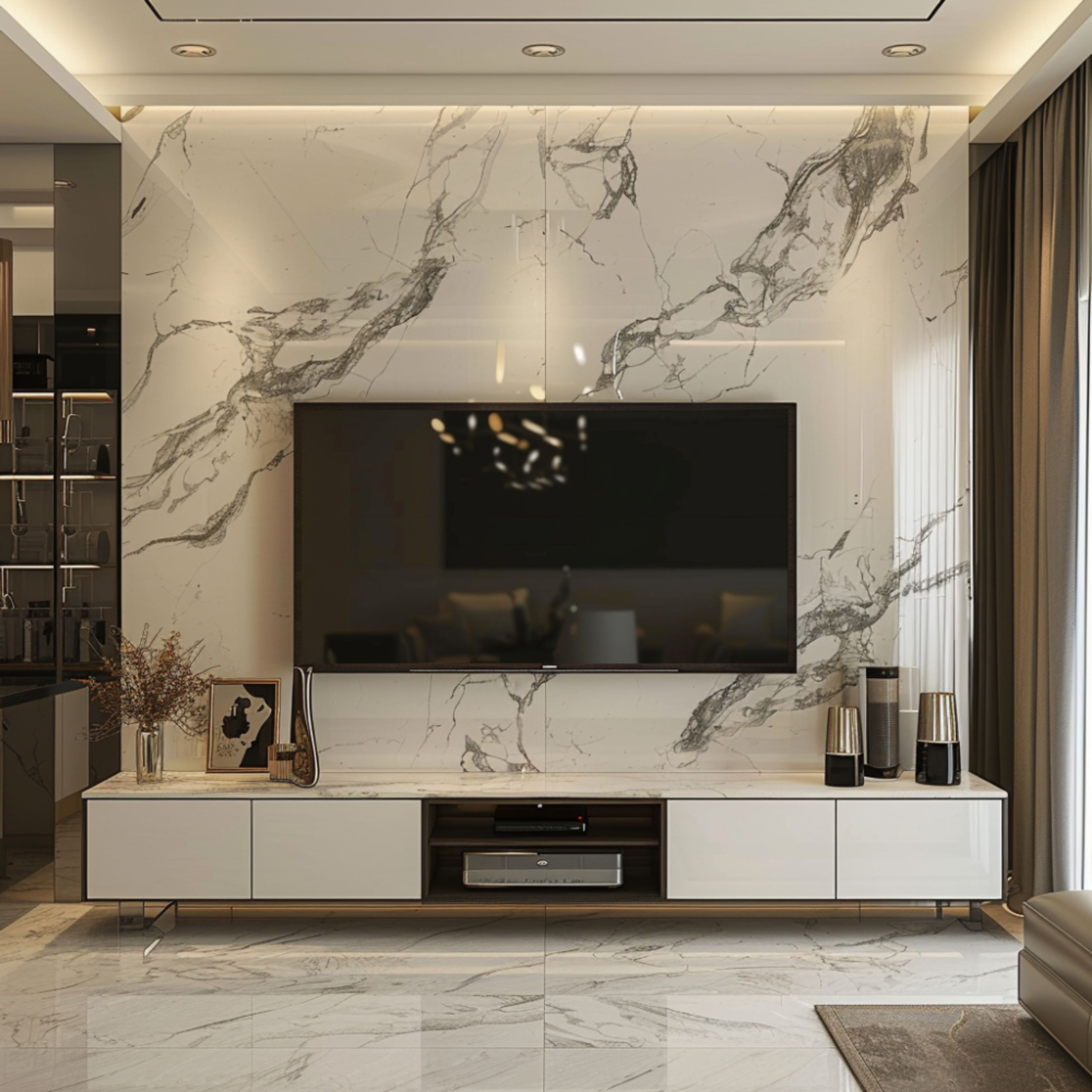 Modern TV unit design with drawers and open rack in the center - Livspace