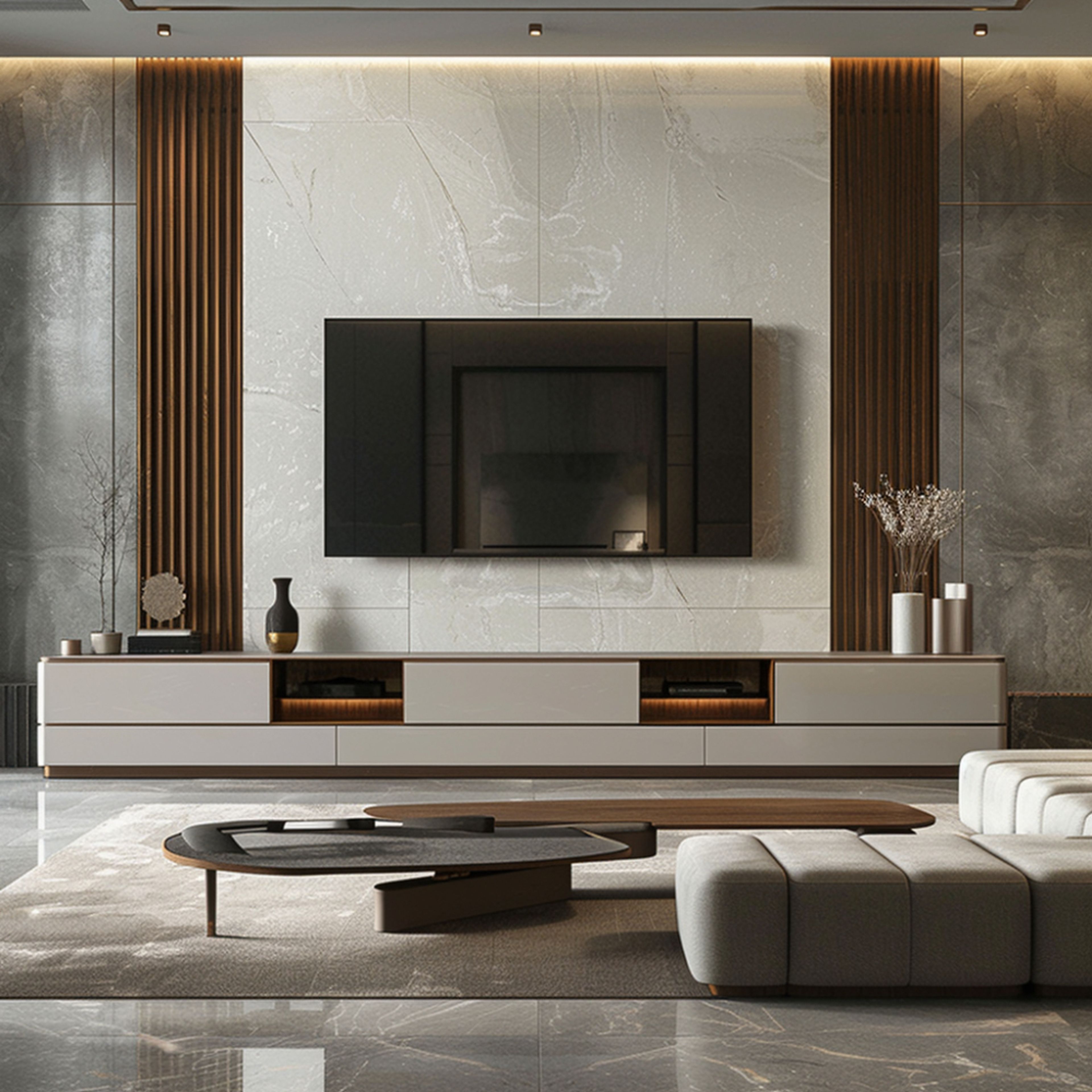 Modern TV unit design with wooden fluted panels and open and closed storage - Livspace