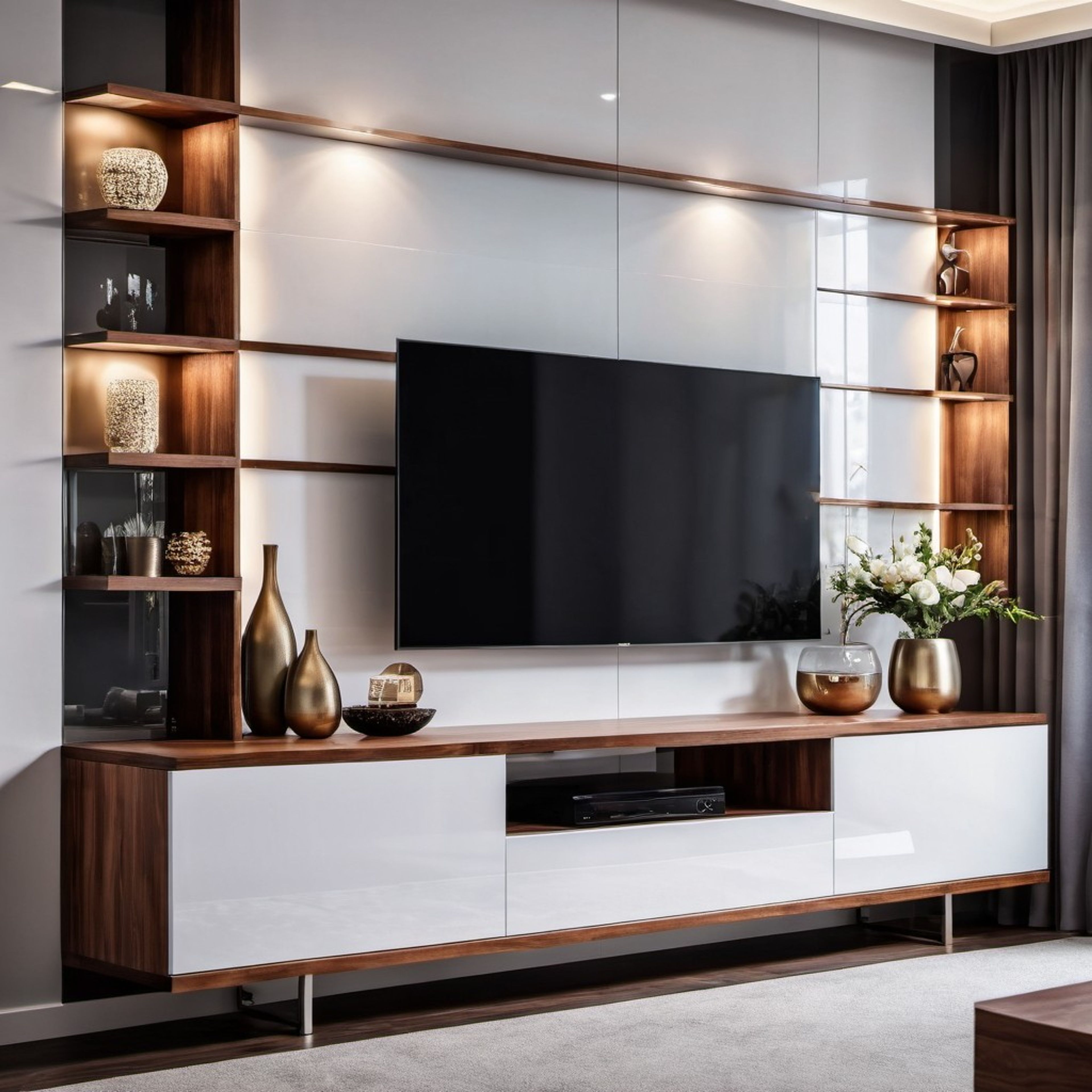 Modern TV Unit Design in Frosty White and Brown Tone